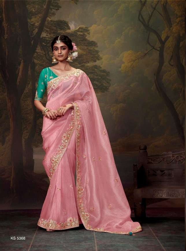 DESIGNER FANCY WEDDING PARTY WEAR INDIAN ORGANZA PINK SAREE COLLECTION SM KM NAVELI 5368