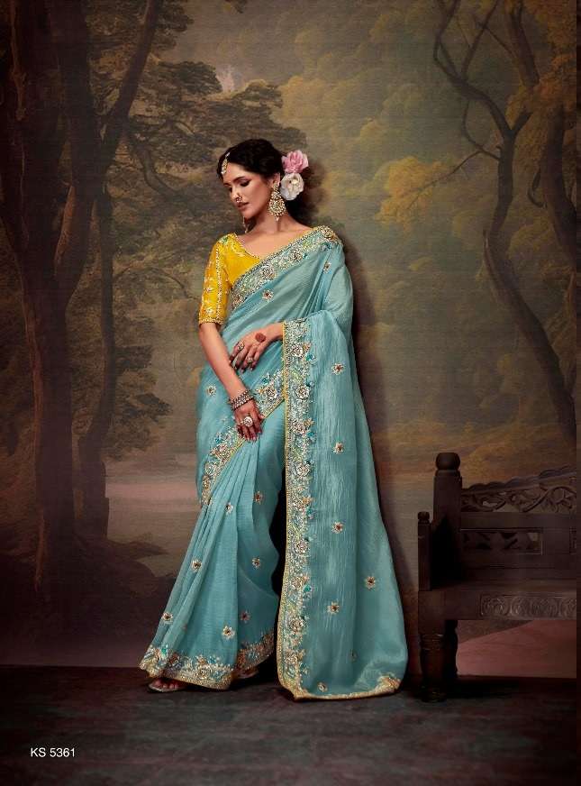 DESIGNER FANCY WEDDING PARTY WEAR INDIAN ORGANZA SKY BLUE SAREE COLLECTION SM KM NAVELI 5361