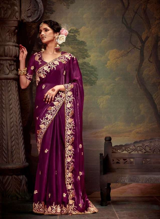 DESIGNER FANCY WEDDING PARTY WEAR INDIAN ORGANZA WINE SAREE COLLECTION SM KM NAVELI 5364