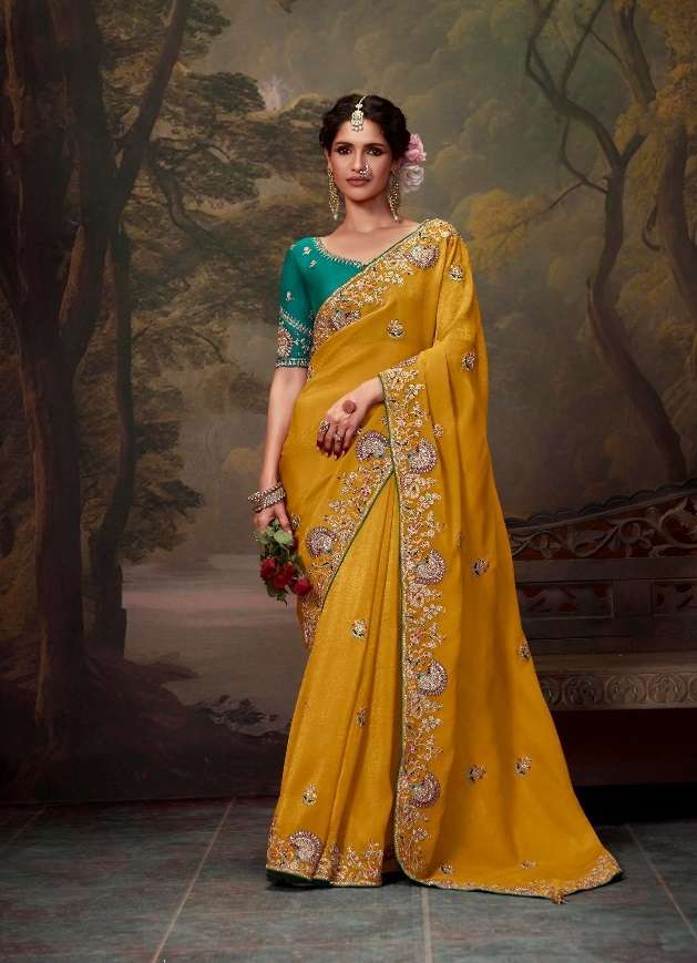 DESIGNER FANCY WEDDING PARTY WEAR INDIAN ORGANZA YELLOW SAREE COLLECTION SM KM NAVELI 5362