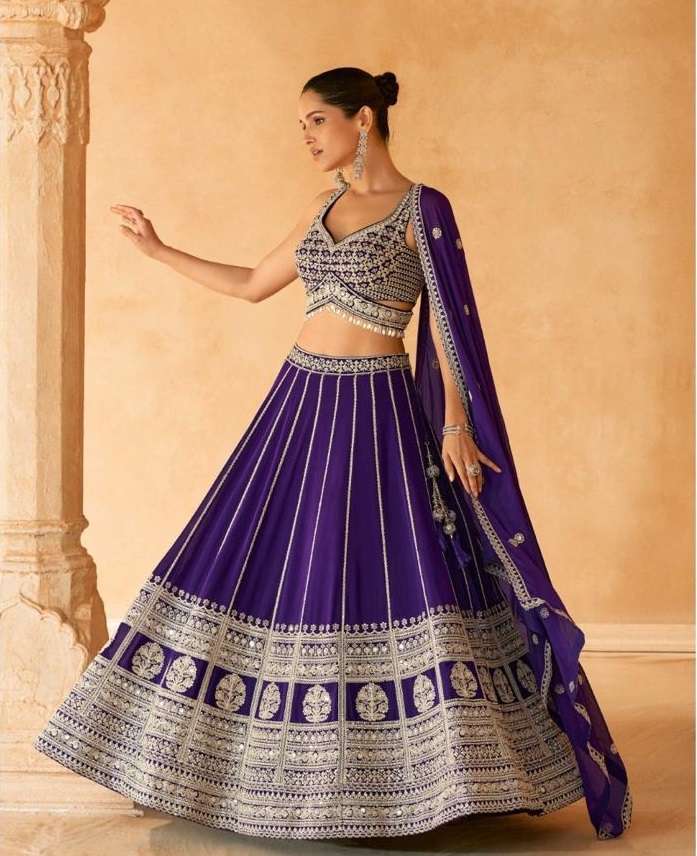 DESIGNER FANCY WEDDING PARTY WEAR INDIAN REAL GEORGETTE PURPLE LEHENGA CHOLI WITH DUPATTA SY NAZAKAT 5567