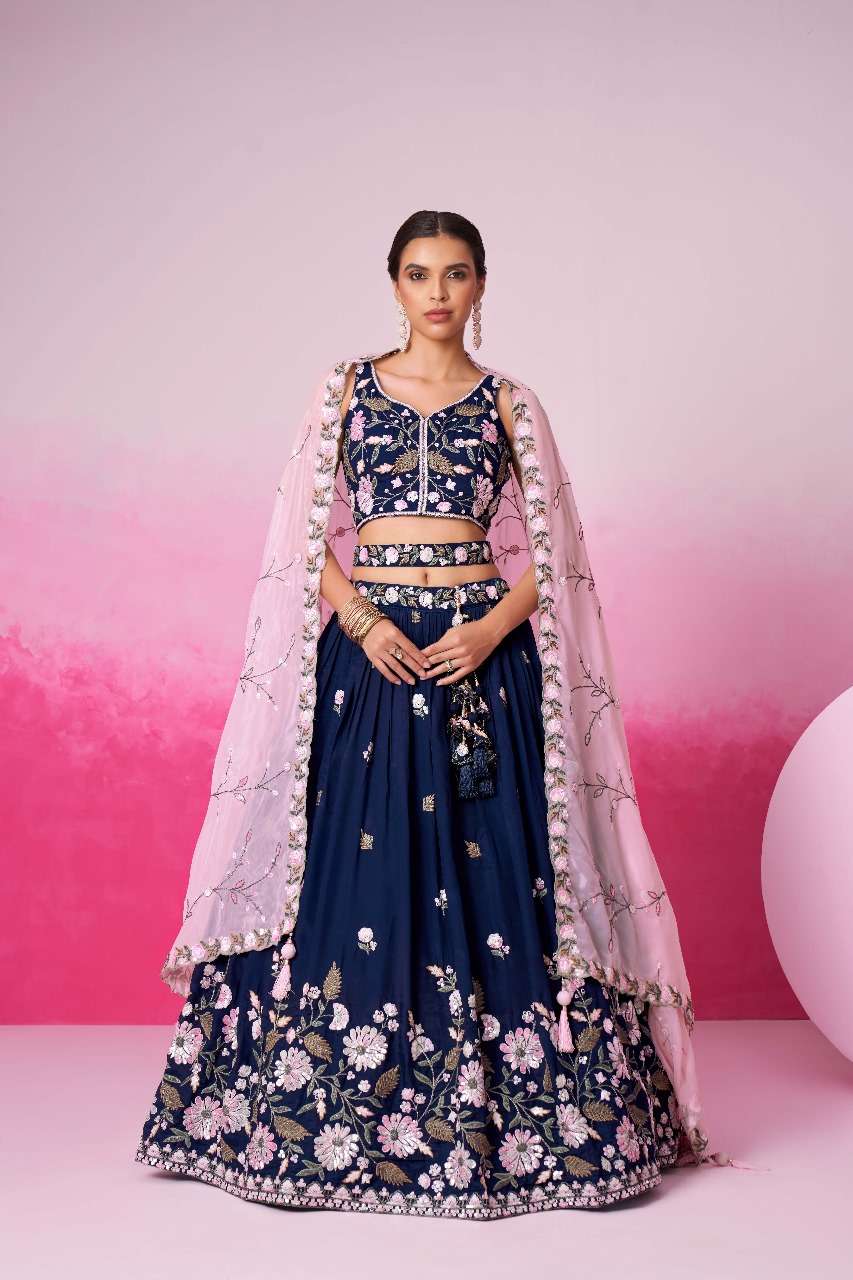 DESIGNER FANCY WEDDING PARTY WEAR INDIAN SATIN SILK BLUE BRIDAL LEHENGA CHOLI WITH DUPATTA SM PL 6034 A