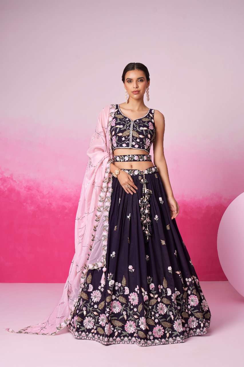 DESIGNER FANCY WEDDING PARTY WEAR INDIAN SATIN SILK PURPLE BRIDAL LEHENGA CHOLI WITH DUPATTA SM PL 6034 B