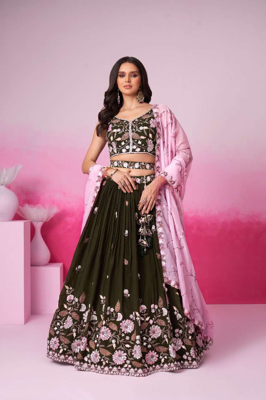 DESIGNER FANCY WEDDING PARTY WEAR INDIAN SATIN SILK GREEN BRIDAL LEHENGA CHOLI WITH DUPATTA SM PL 6034 C