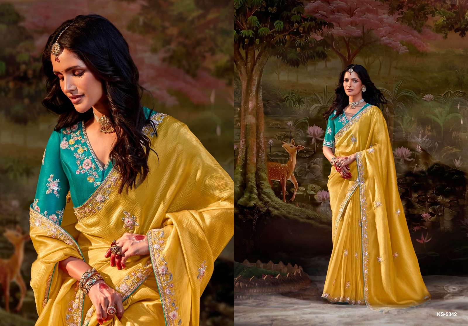 DESIGNER FANCY WEDDING PARTY WEAR INDIAN YELLOW SAREE COLLECTION ORGANZA FABRIC SM KM KAJAL 5342