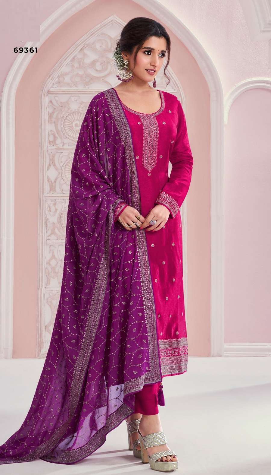 DESIGNER FANCY WEDDING PARTY WEAR PINK SILK SHARARA SALWAR SUIT NMN VINAY SIYA 69361