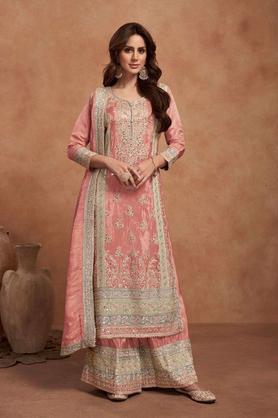 DESIGNER FANCY WEDDING PARTY WEAR PREMIUM SILK READYMADE ORANGE PALLAZO SHARARA SALWAR GL QURBAT 7455