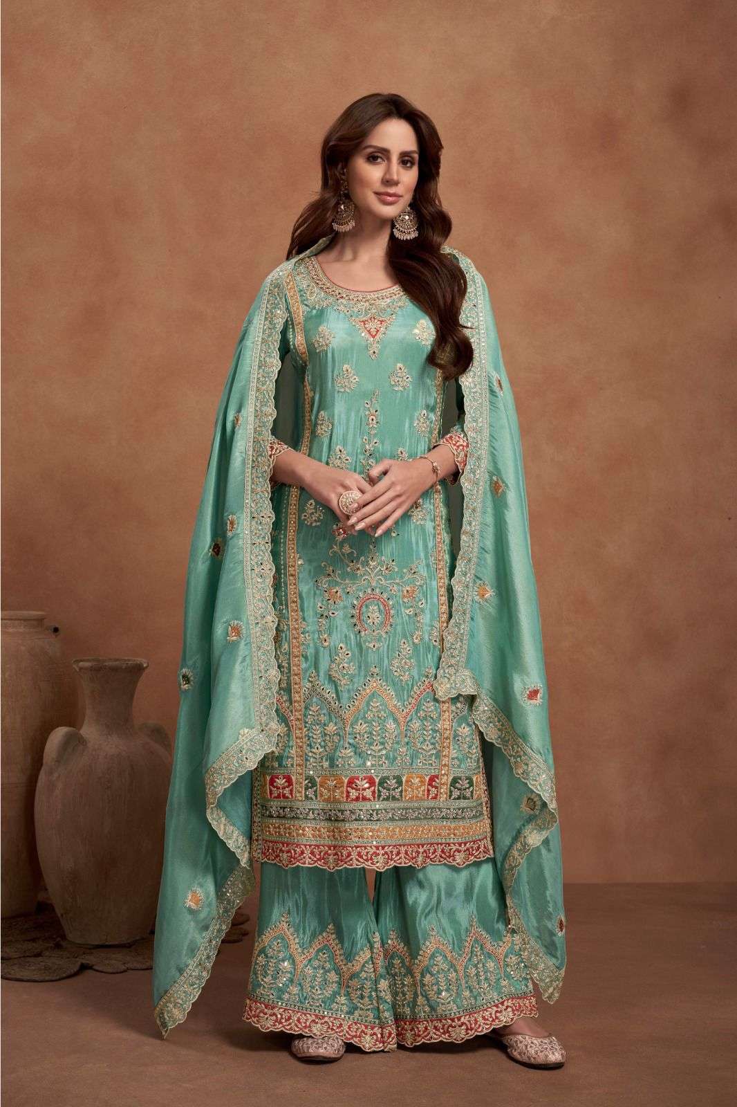 DESIGNER FANCY WEDDING PARTY WEAR PREMIUM SILK READYMADE GREEN PALLAZO SHARARA SALWAR GL QURBAT 7456