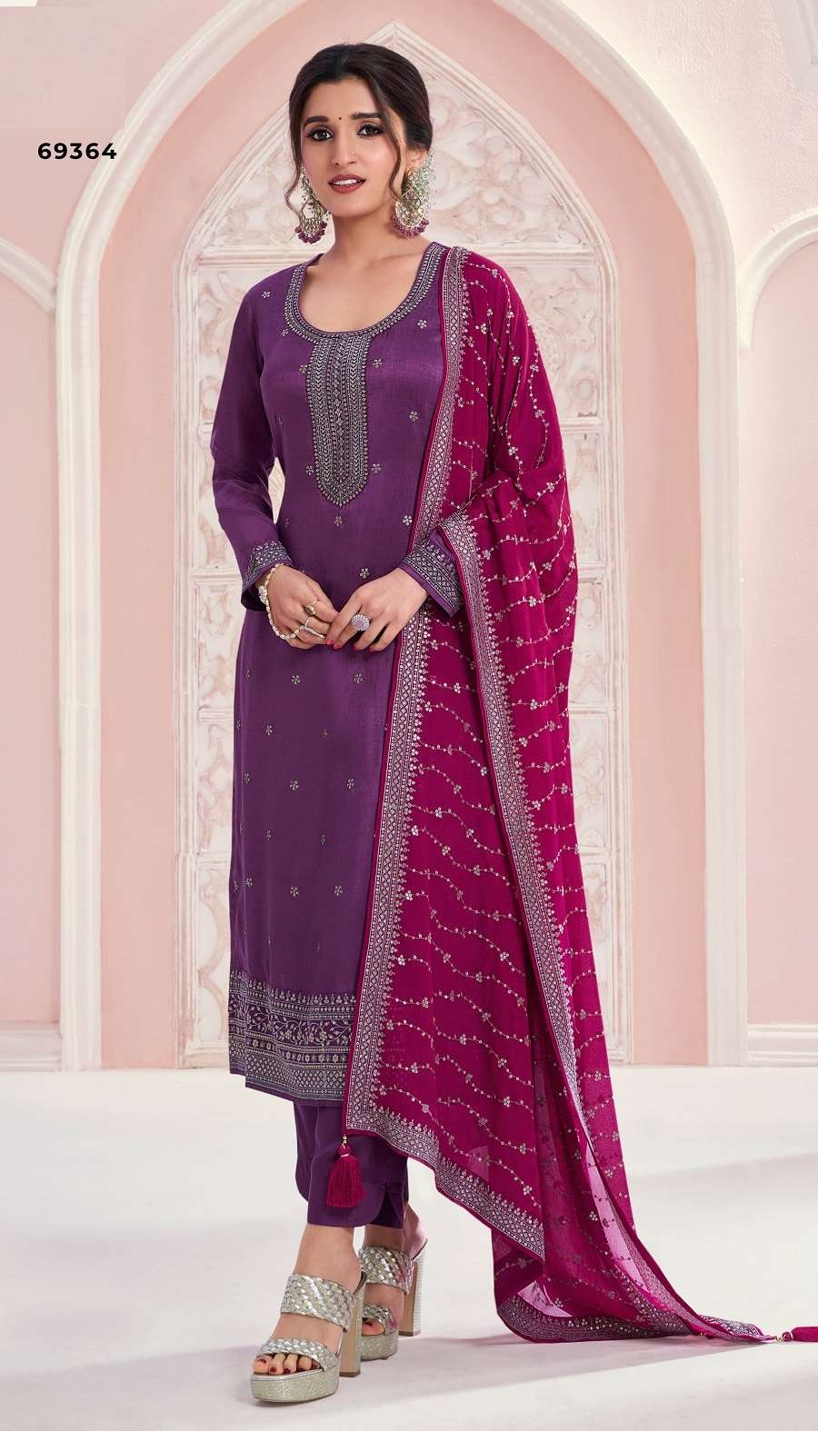 DESIGNER FANCY WEDDING PARTY WEAR PURPLE SILK SHARARA SALWAR SUIT NMN VINAY SIYA 69364