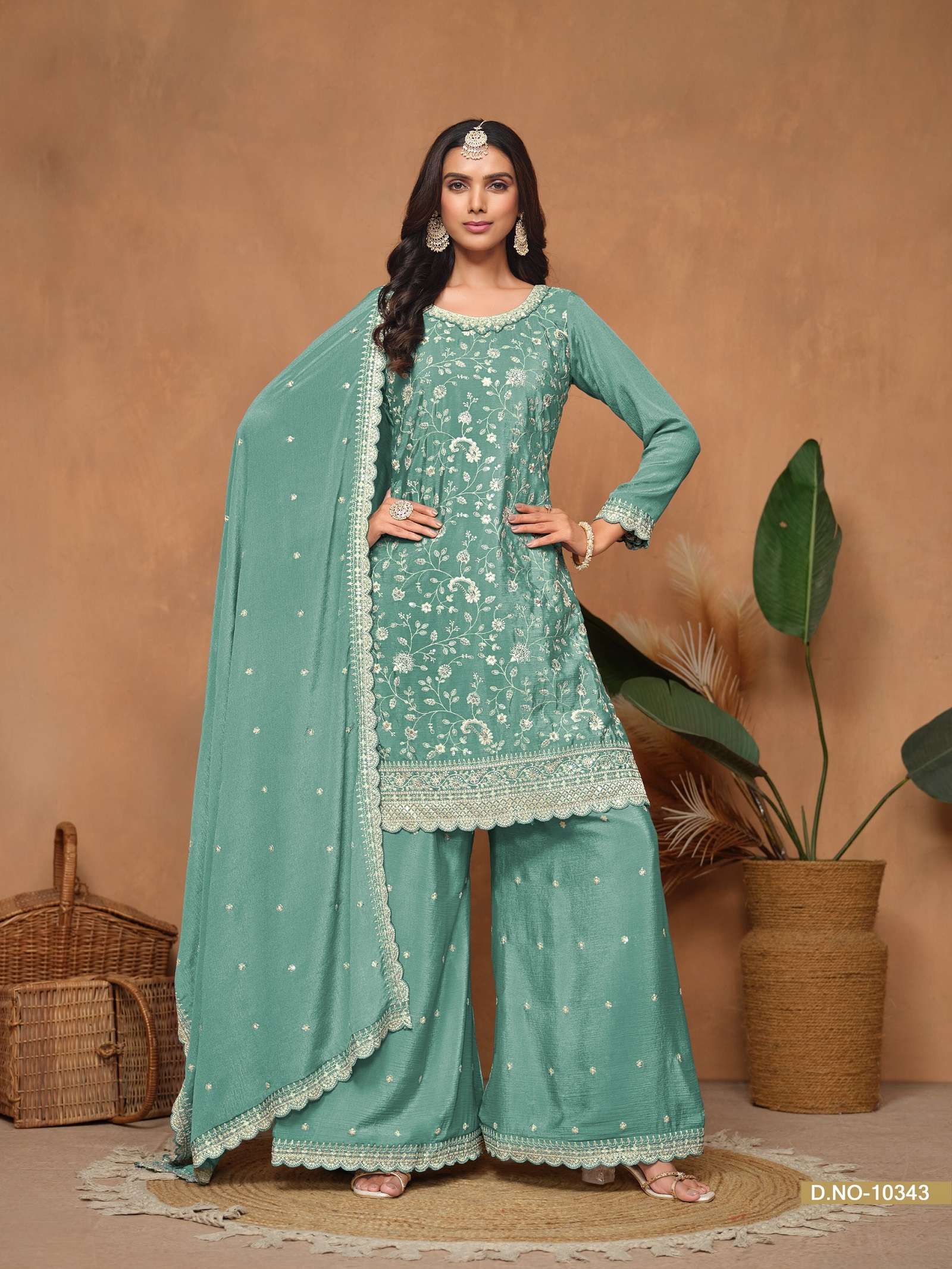 DESIGNER FANCY WEDDING PARTY WEAR REAL CHINON BLUE PALLAZO SHARARA SALWAR SUIT ANJB 10343