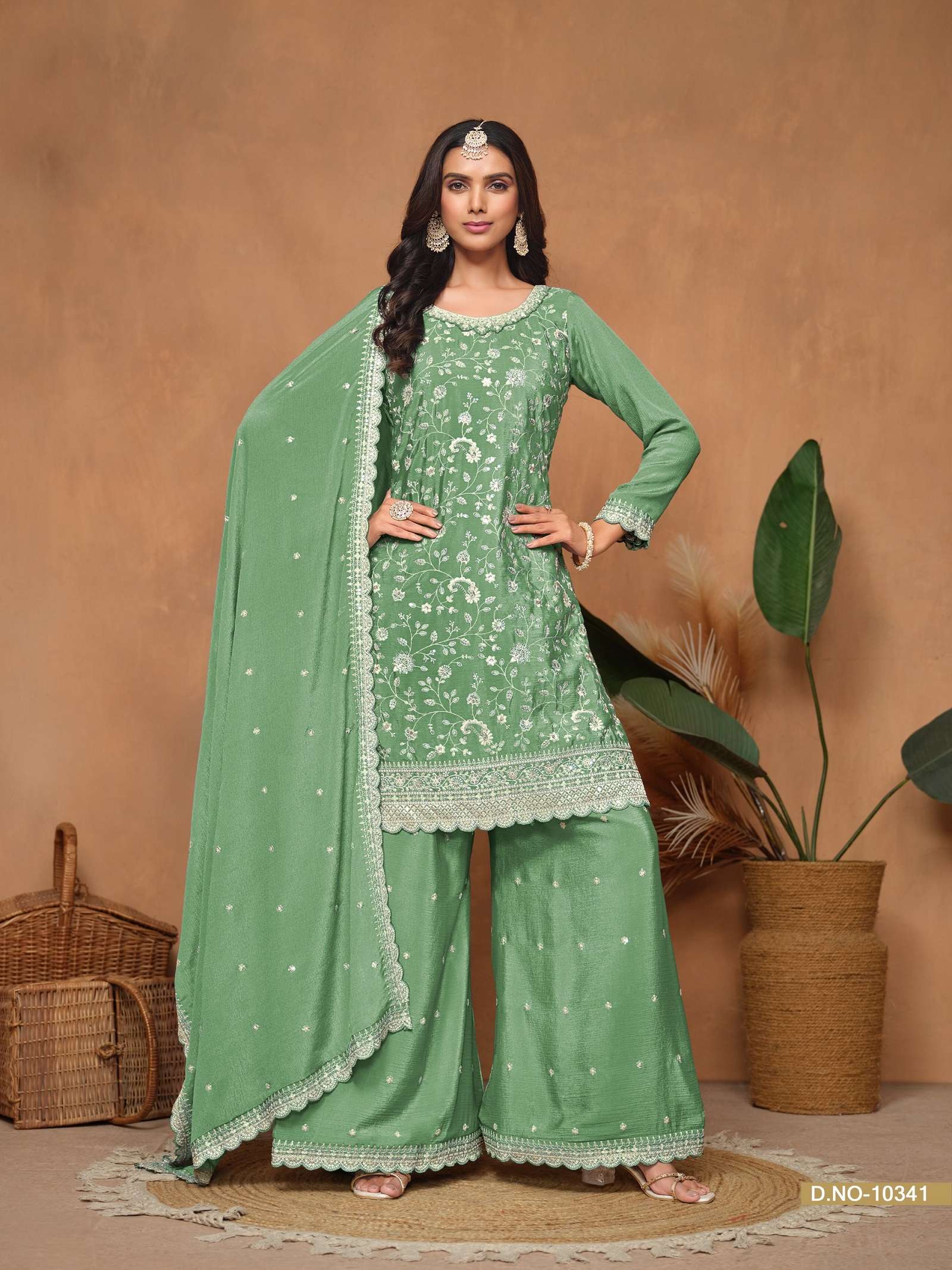 DESIGNER FANCY WEDDING PARTY WEAR REAL CHINON GREEN PALLAZO SHARARA SALWAR SUIT ANJB 10341