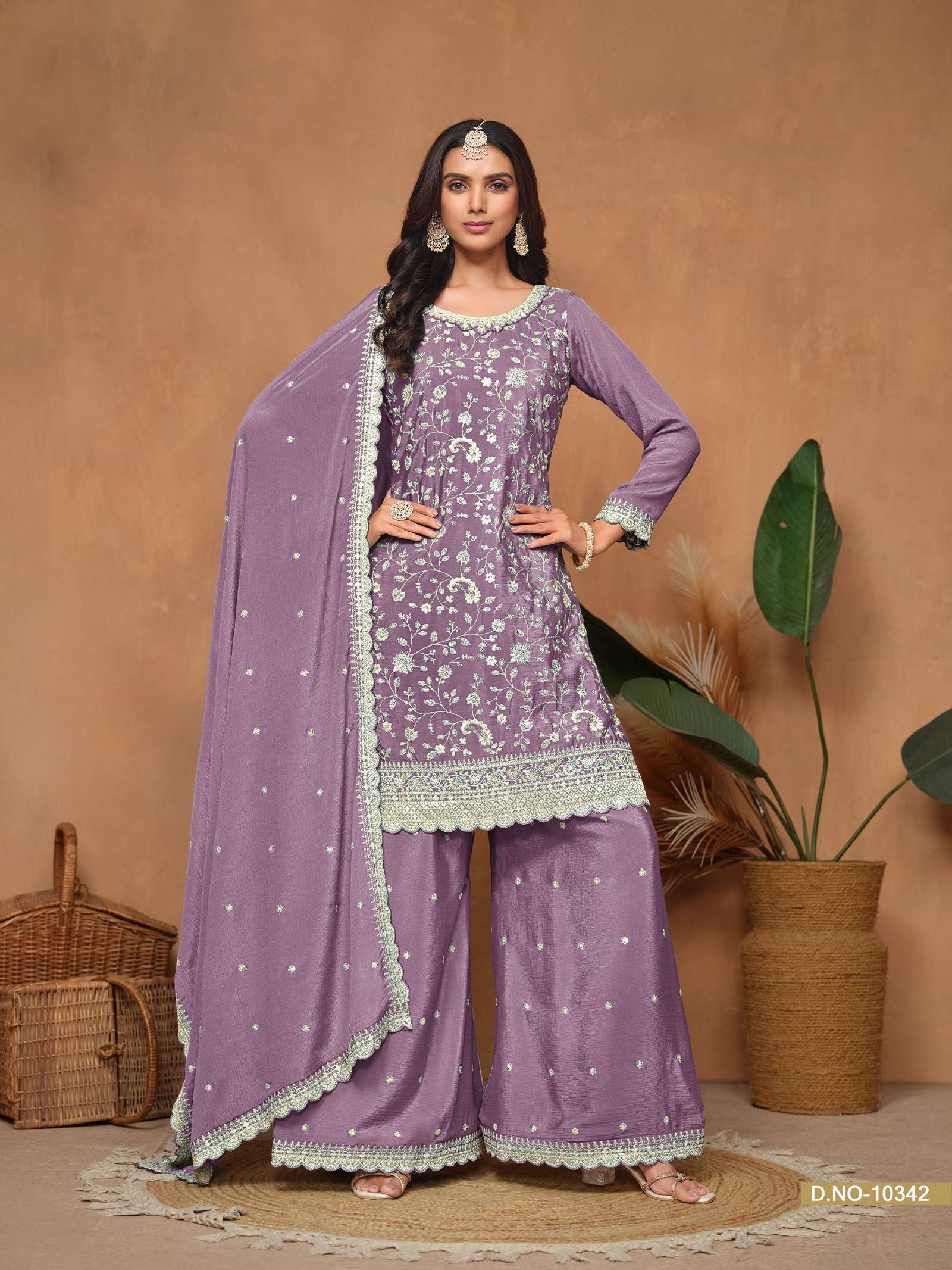 DESIGNER FANCY WEDDING PARTY WEAR REAL CHINON LAVENDER PALLAZO SHARARA SALWAR SUIT ANJB 10342