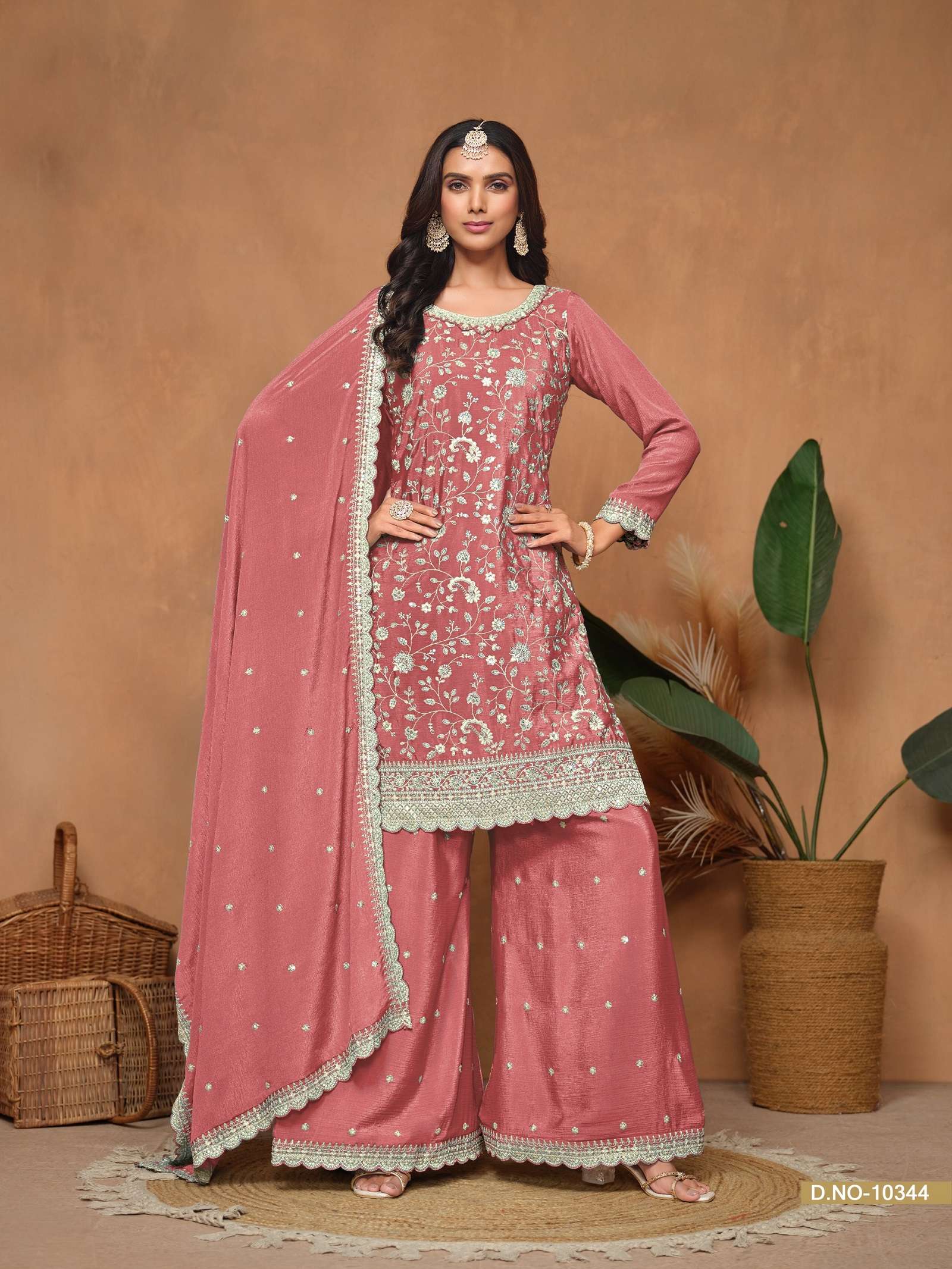 DESIGNER FANCY WEDDING PARTY WEAR REAL CHINON PEACH PALLAZO SHARARA SALWAR SUIT ANJB 10344