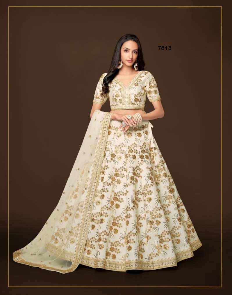 DESIGNER FANCY WEDDING PARTY WEAR WHITE SILK LEHENGA CHOLI WITH DUPATTA ZC 7813