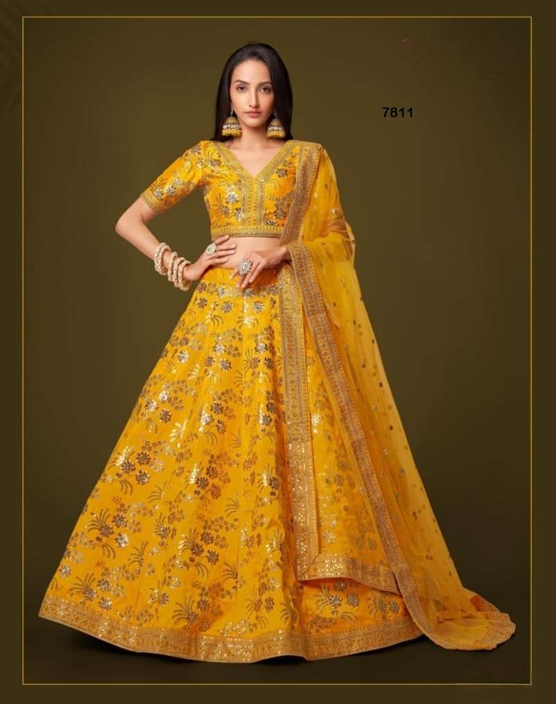 DESIGNER FANCY WEDDING PARTY WEAR YELLOW SILK LEHENGA CHOLI WITH DUPATTA ZC 7811