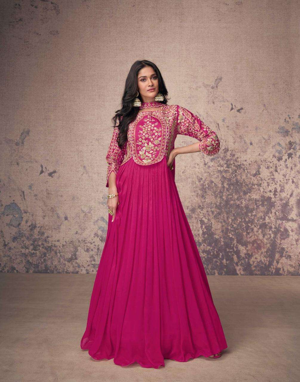 DESIGNER REAL CHINON SILK PINK ANARKALI GOWN FOR WEDDING PARTY WEAR ANARKALI SALWAR SUIT SY AROMA 5548