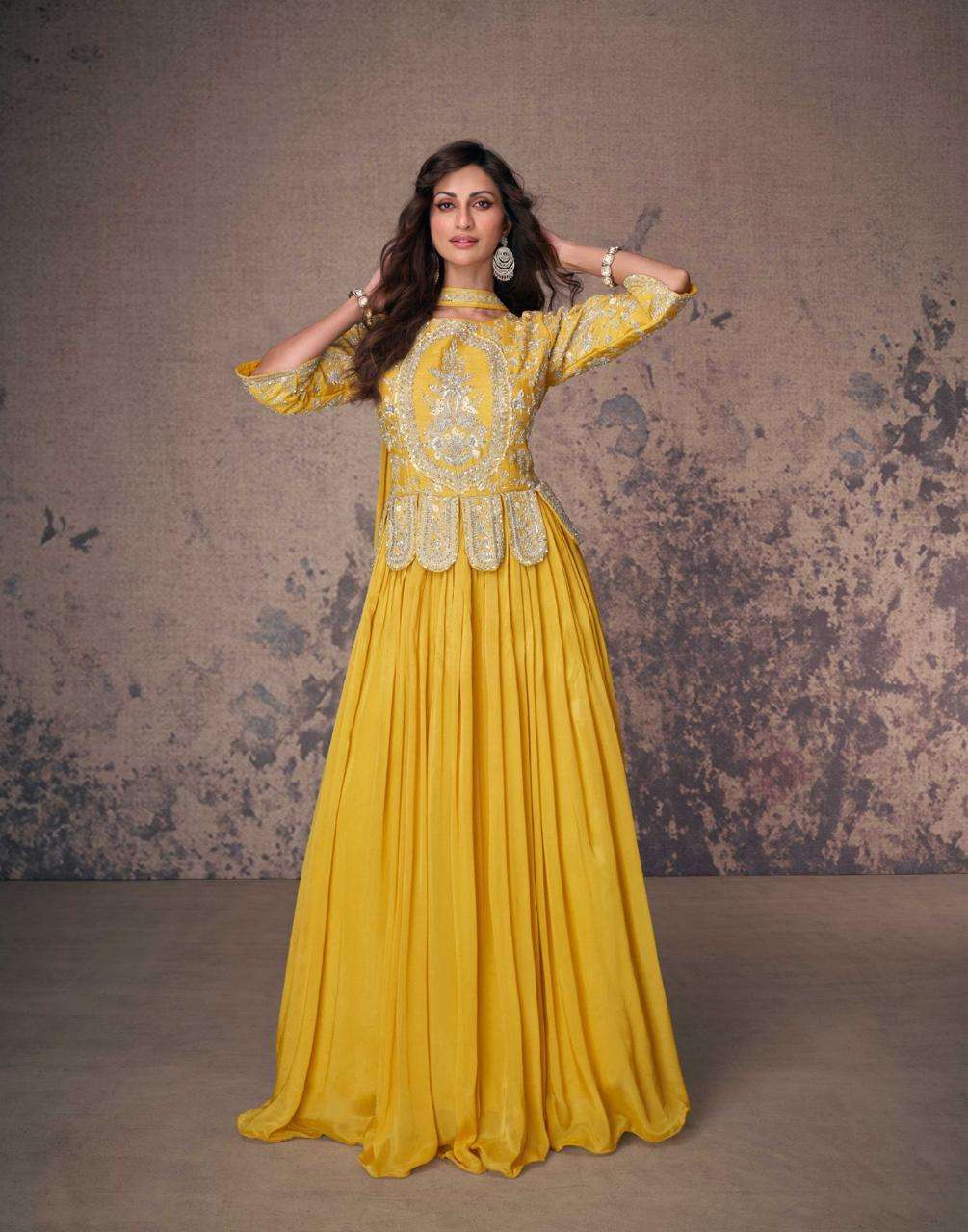 DESIGNER REAL CHINON SILK YELLOW ANARKALI GOWN FOR WEDDING PARTY WEAR ANARKALI SALWAR SUIT SY AROMA 5546