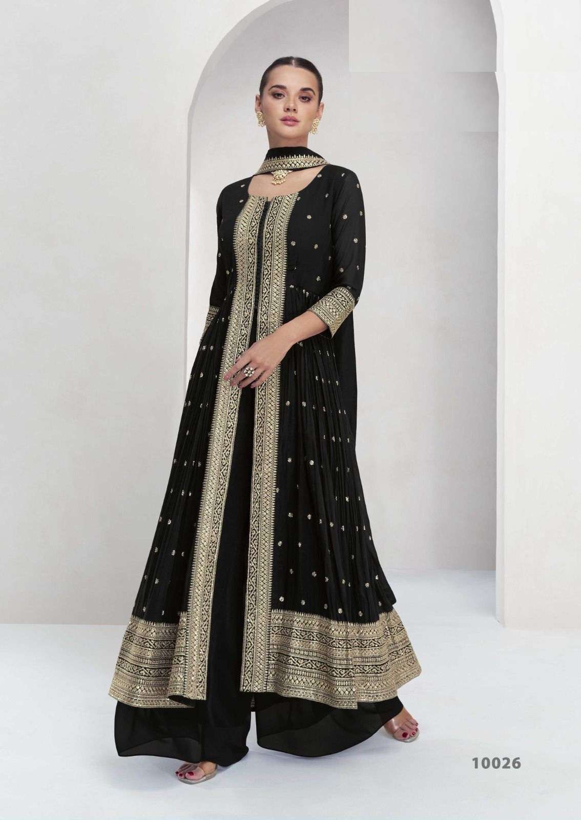 DESIGNER WEDDING PARTY WEAR BLACK GEORGETTE ANARKALI SALWAR SUIT AF MARIA 10026