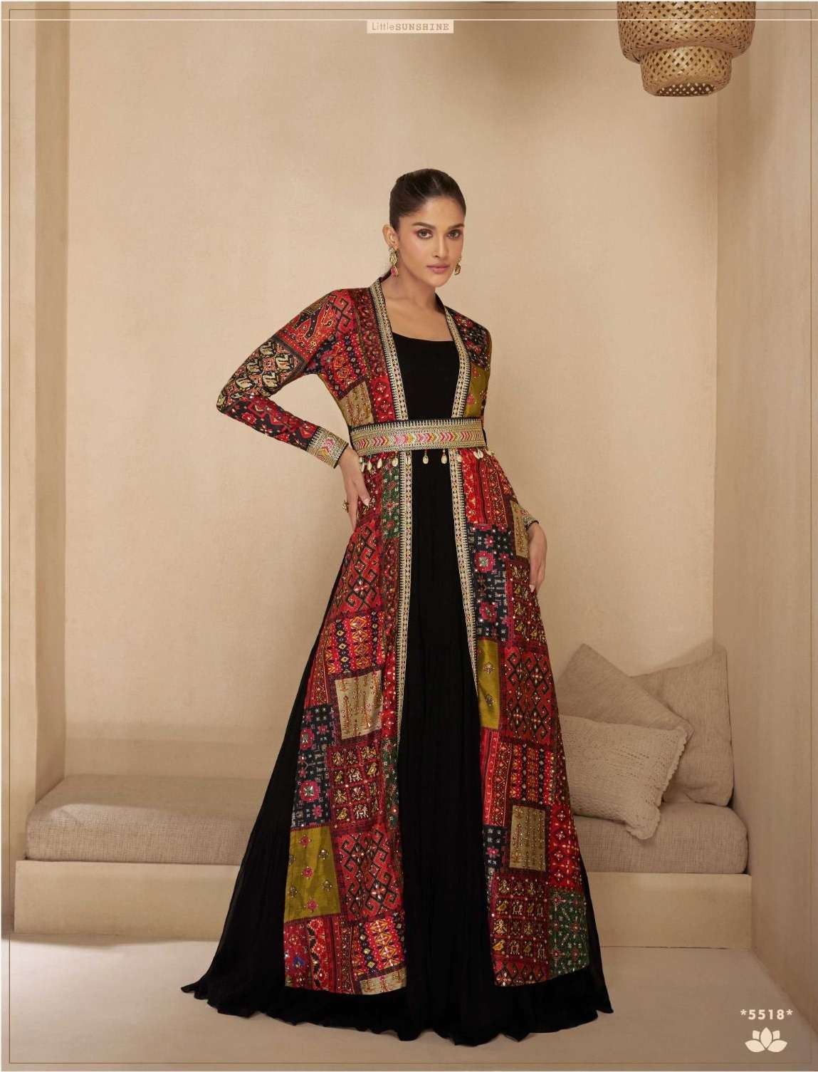 DESIGNER WEDDING PARTY WEAR BLACK GEORGETTE KOTI JACKET STYLE SALWAR SUIT SY MEERA 5518