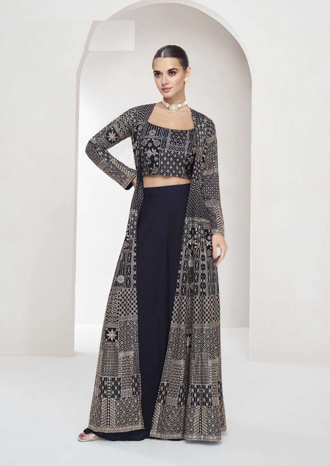 DESIGNER WEDDING PARTY WEAR BLACK GEORGETTE KOTI JACKET STYLE SALWAR SUIT AF NITYA 10041