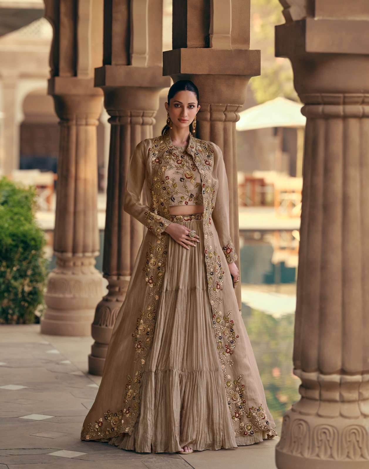 DESIGNER WEDDING PARTY WEAR CHIKU GEORGETTE KOTI JACKET STYLE SALWAR SUIT SY MAHOTSAV 5532