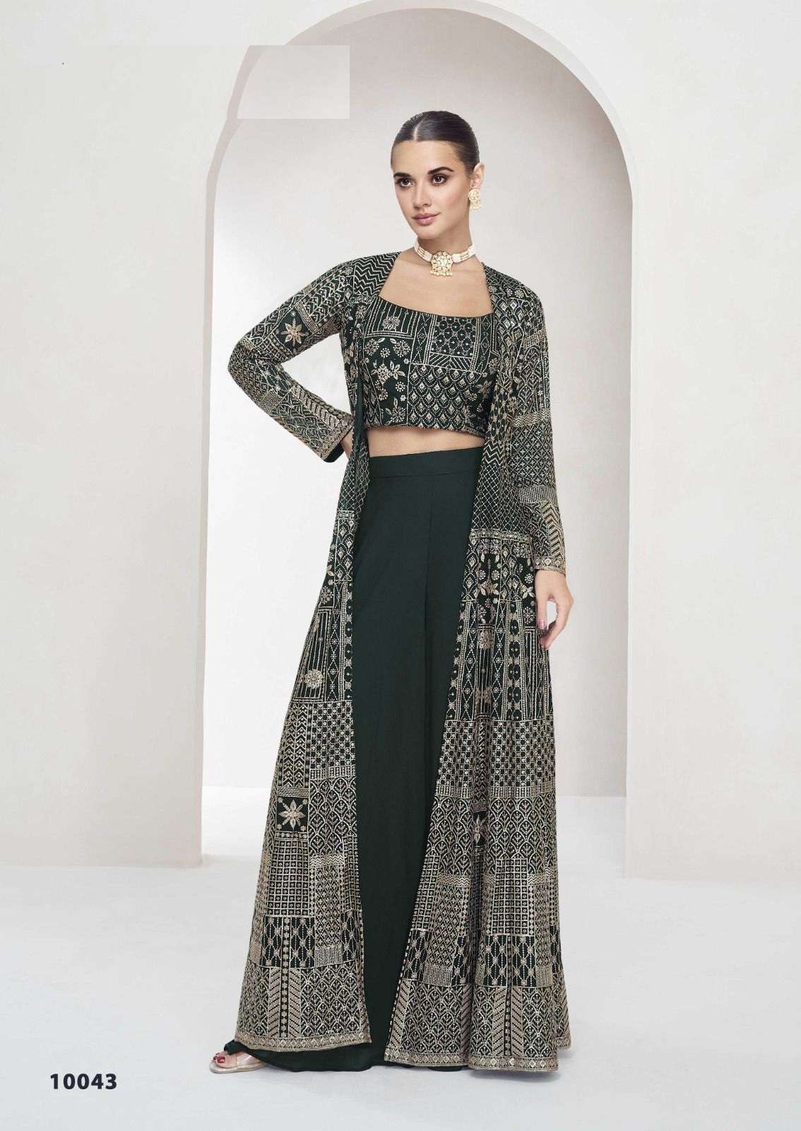 DESIGNER WEDDING PARTY WEAR DARK GREEN GEORGETTE KOTI JACKET STYLE SALWAR SUIT AF NITYA 10043