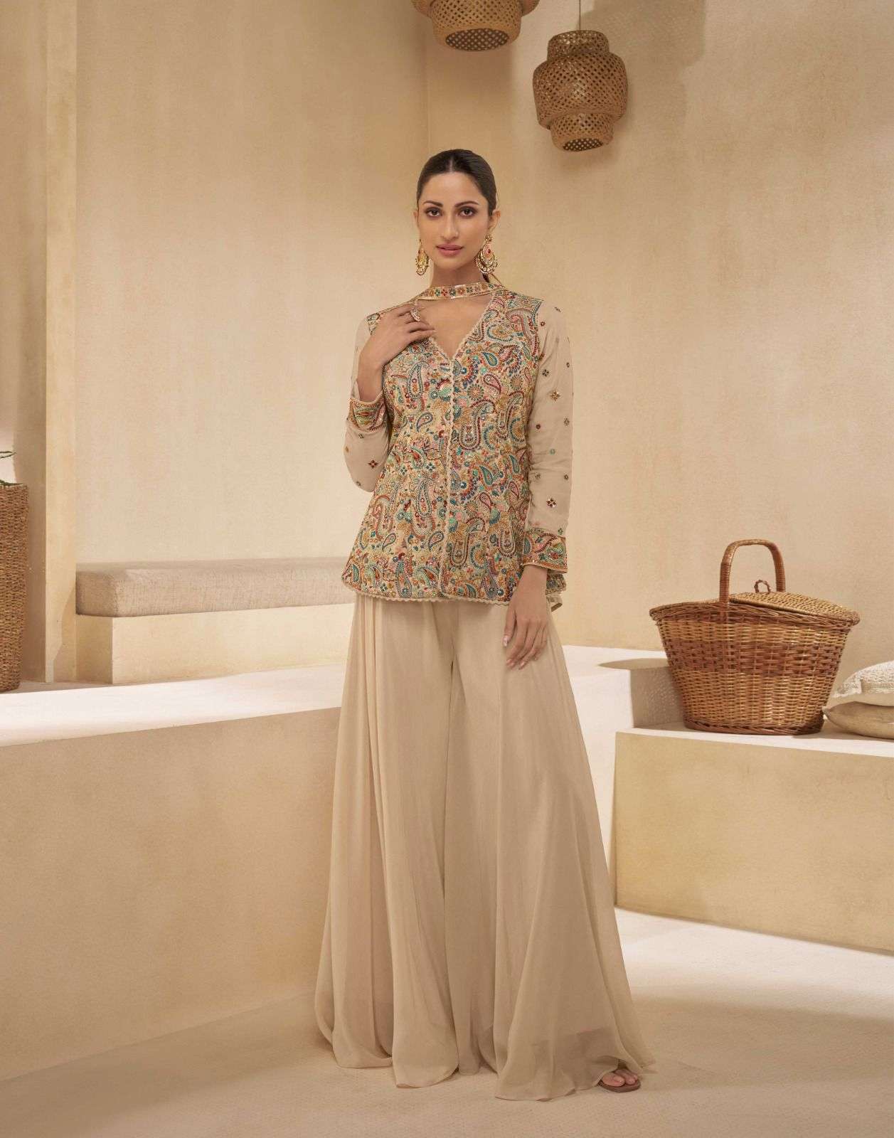 DESIGNER WEDDING PARTY WEAR GEORGETTE BEIGE KOTI JACKET STYLE SALWAR SUIT WITH SHARARA SY SITARA 5495