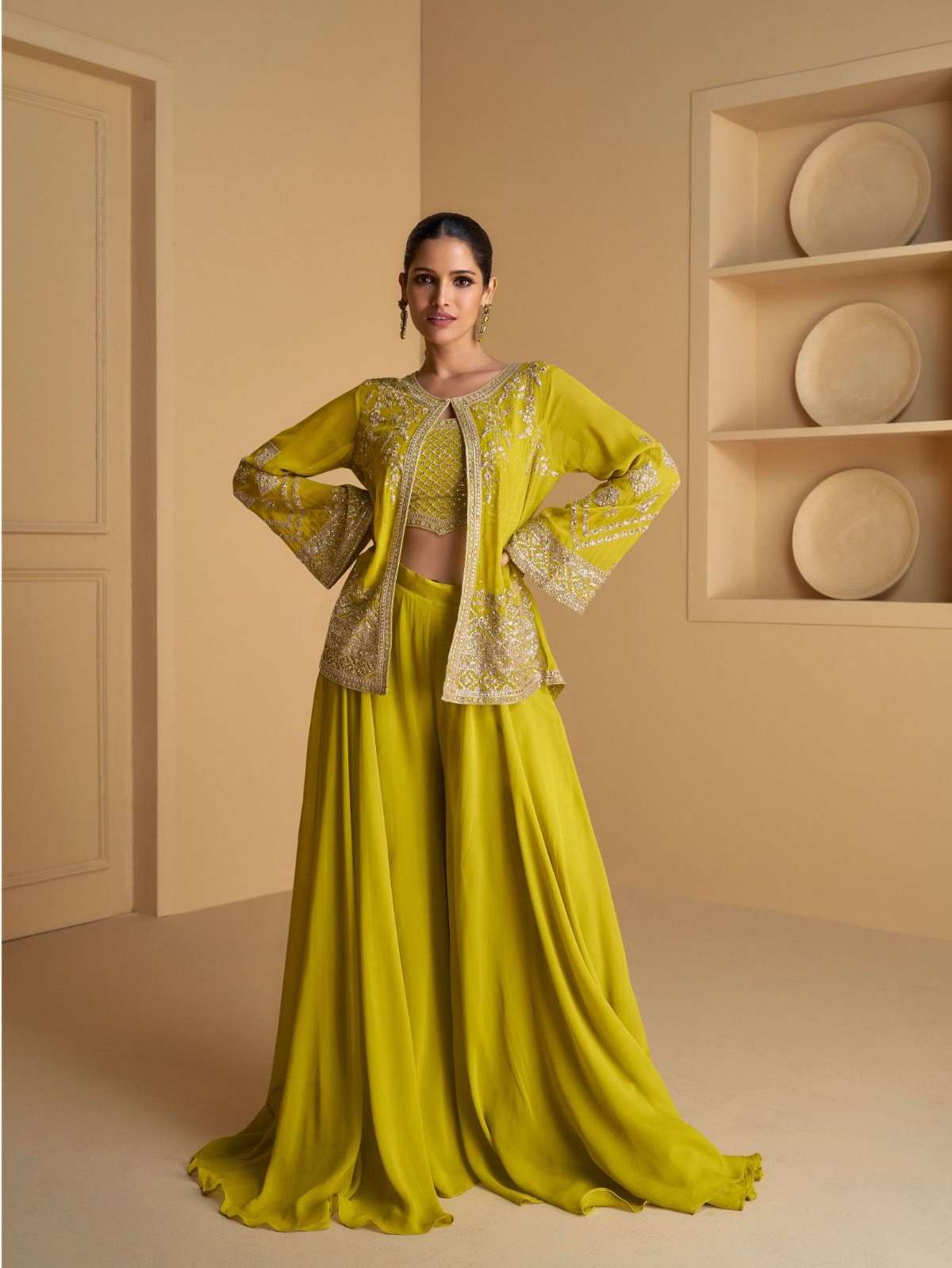 DESIGNER WEDDING PARTY WEAR GEORGETTE LEMON YELLOW KOTI JACKET STYLE SALWAR SUIT WITH SHARARA SY AARVI 5530