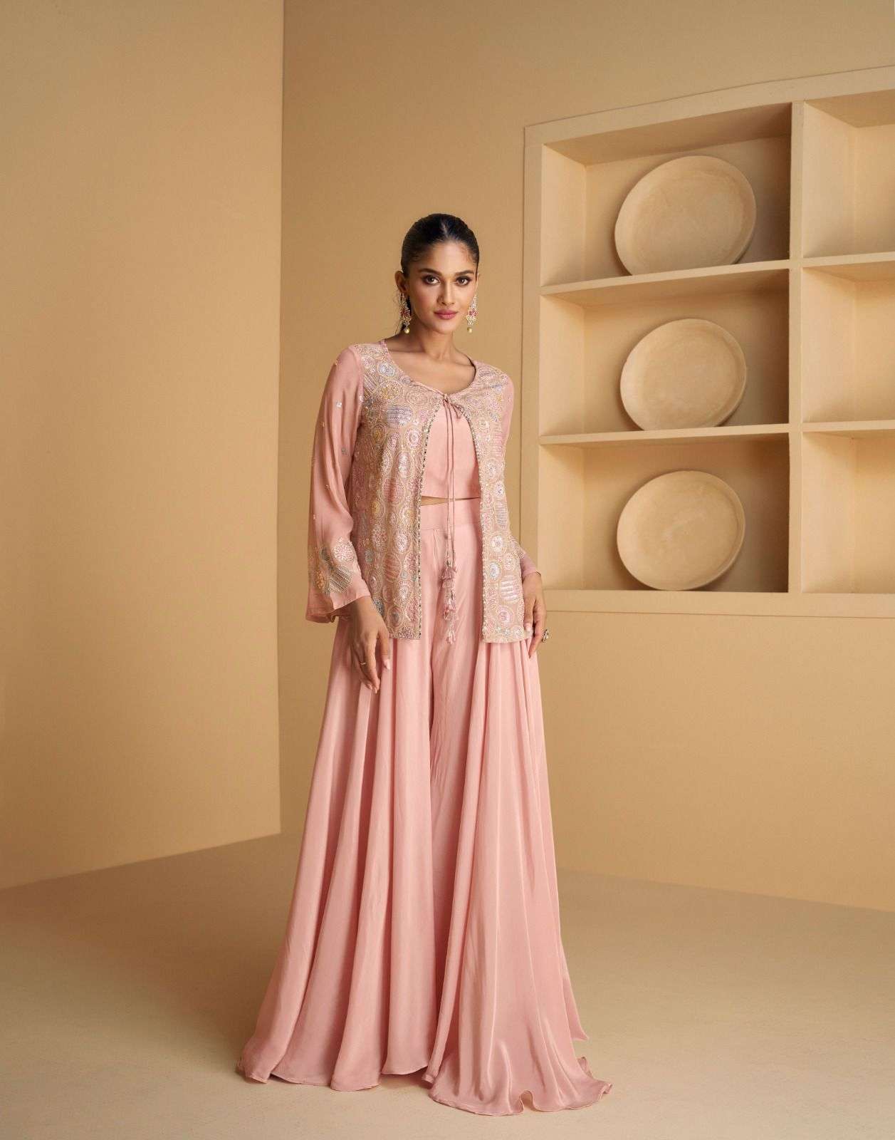 DESIGNER WEDDING PARTY WEAR GEORGETTE PEACH KOTI JACKET STYLE SALWAR SUIT WITH SHARARA SY AARVI 5529