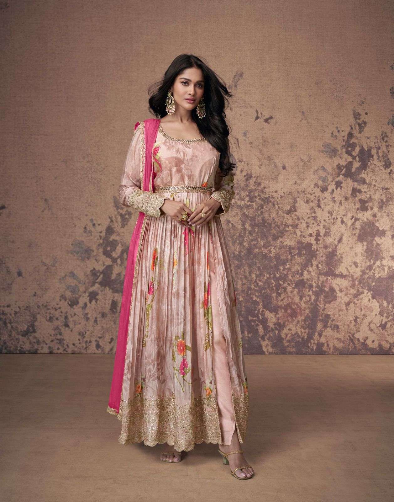 DESIGNER WEDDING PARTY WEAR GEORGETTE PINK ANARKALI SALWAR SUIT GOWN COLLECTION SY ANAMIKA 5491