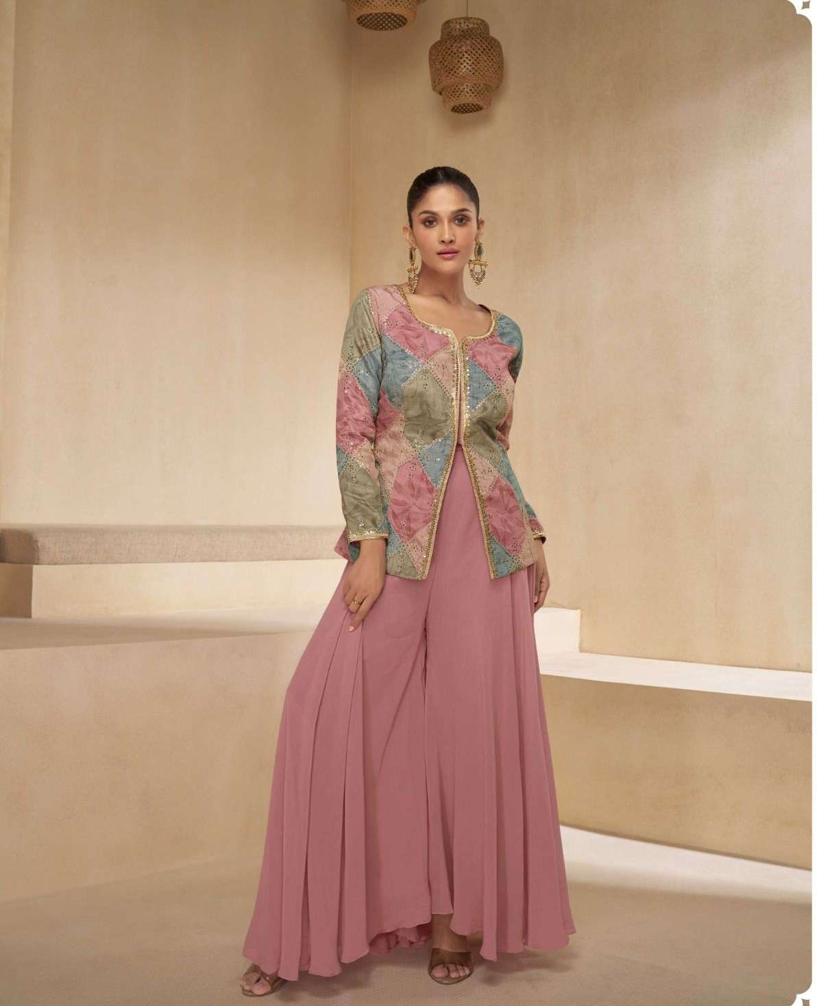 DESIGNER WEDDING PARTY WEAR GEORGETTE PINK KOTI JACKET STYLE SALWAR SUIT WITH SHARARA SY SITARA 5498