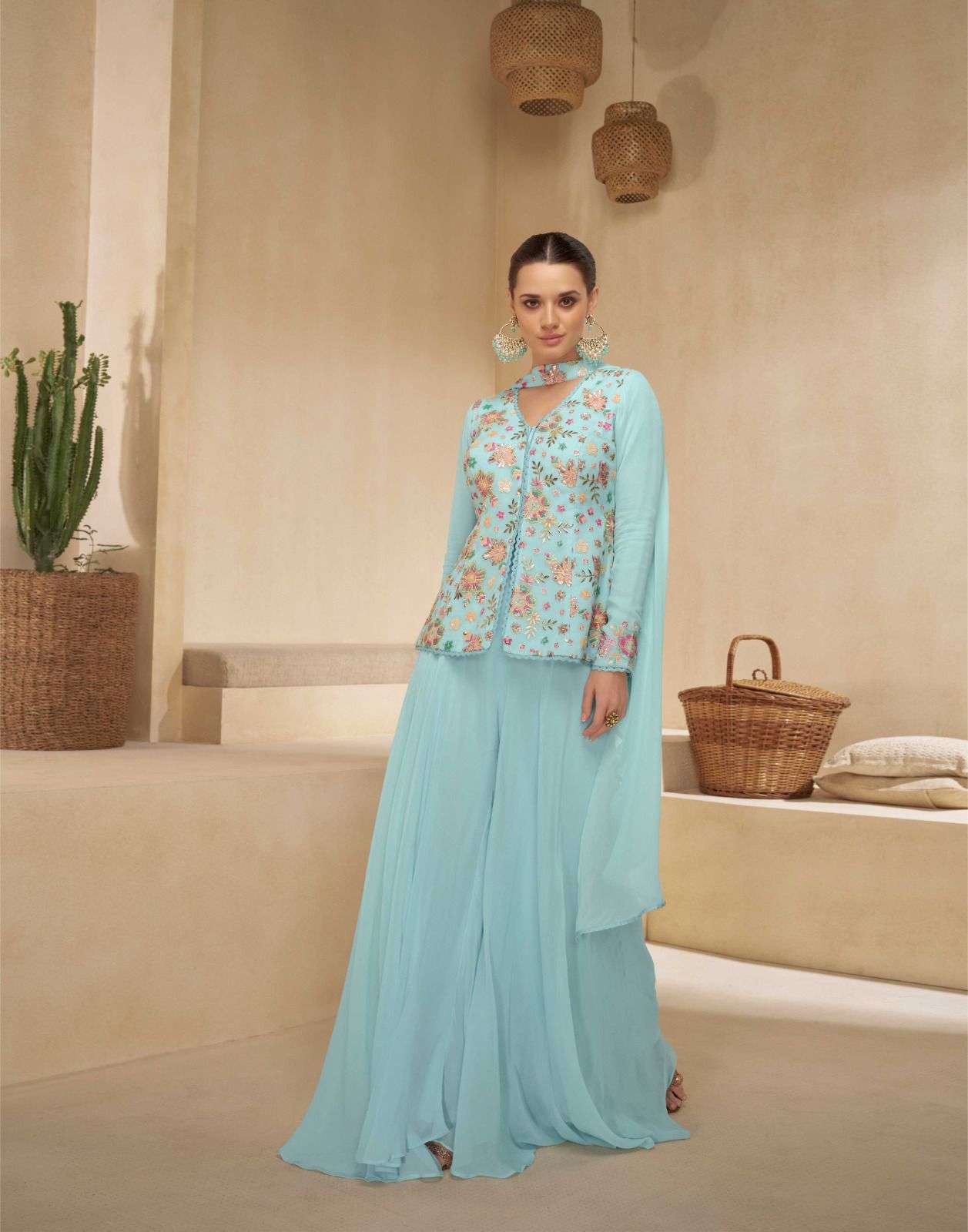 DESIGNER WEDDING PARTY WEAR GEORGETTE SKY BLUE KOTI JACKET STYLE SALWAR SUIT WITH SHARARA SY SITARA 5496