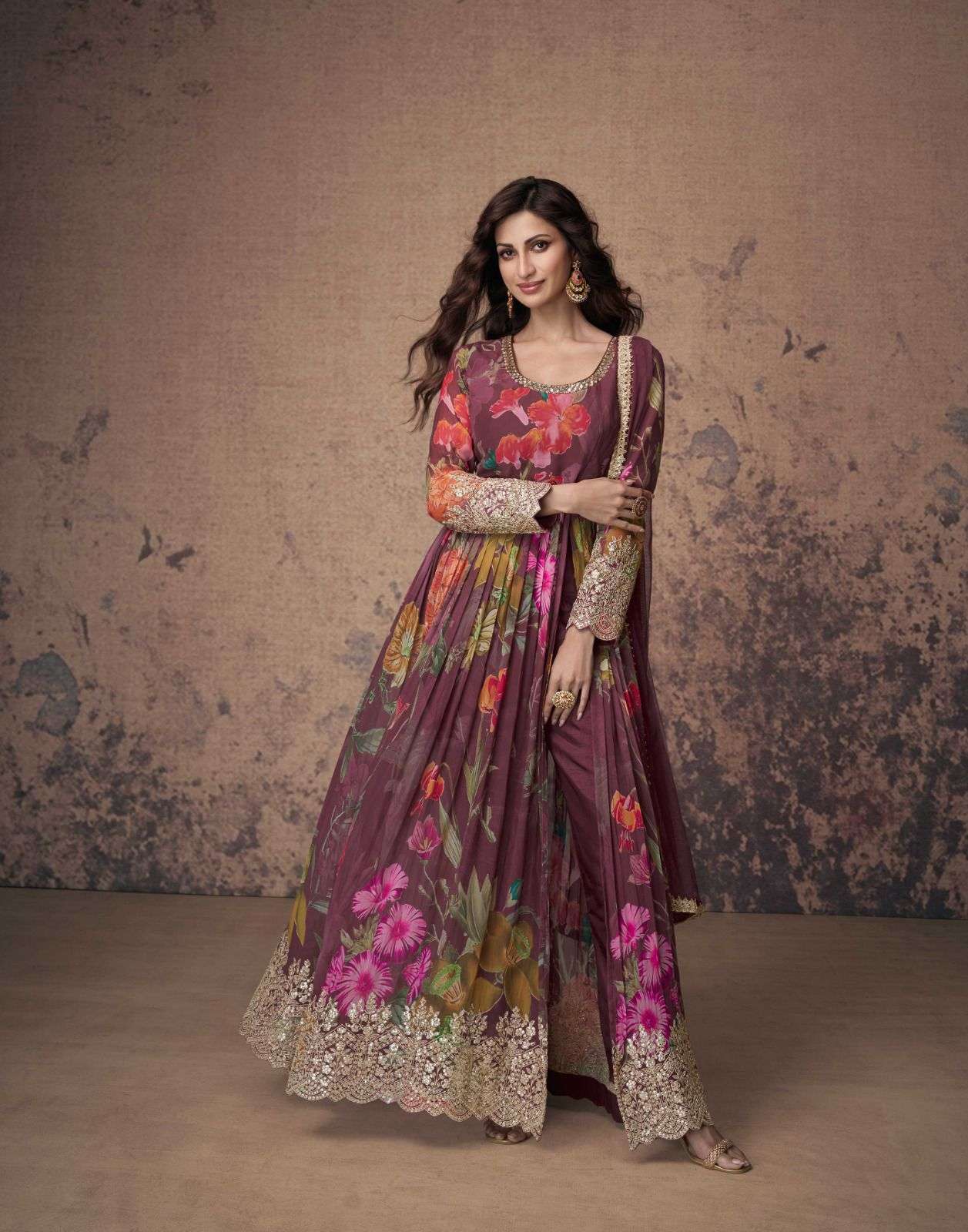 DESIGNER WEDDING PARTY WEAR GEORGETTE WINE ANARKALI SALWAR SUIT GOWN COLLECTION SY ANAMIKA 5493