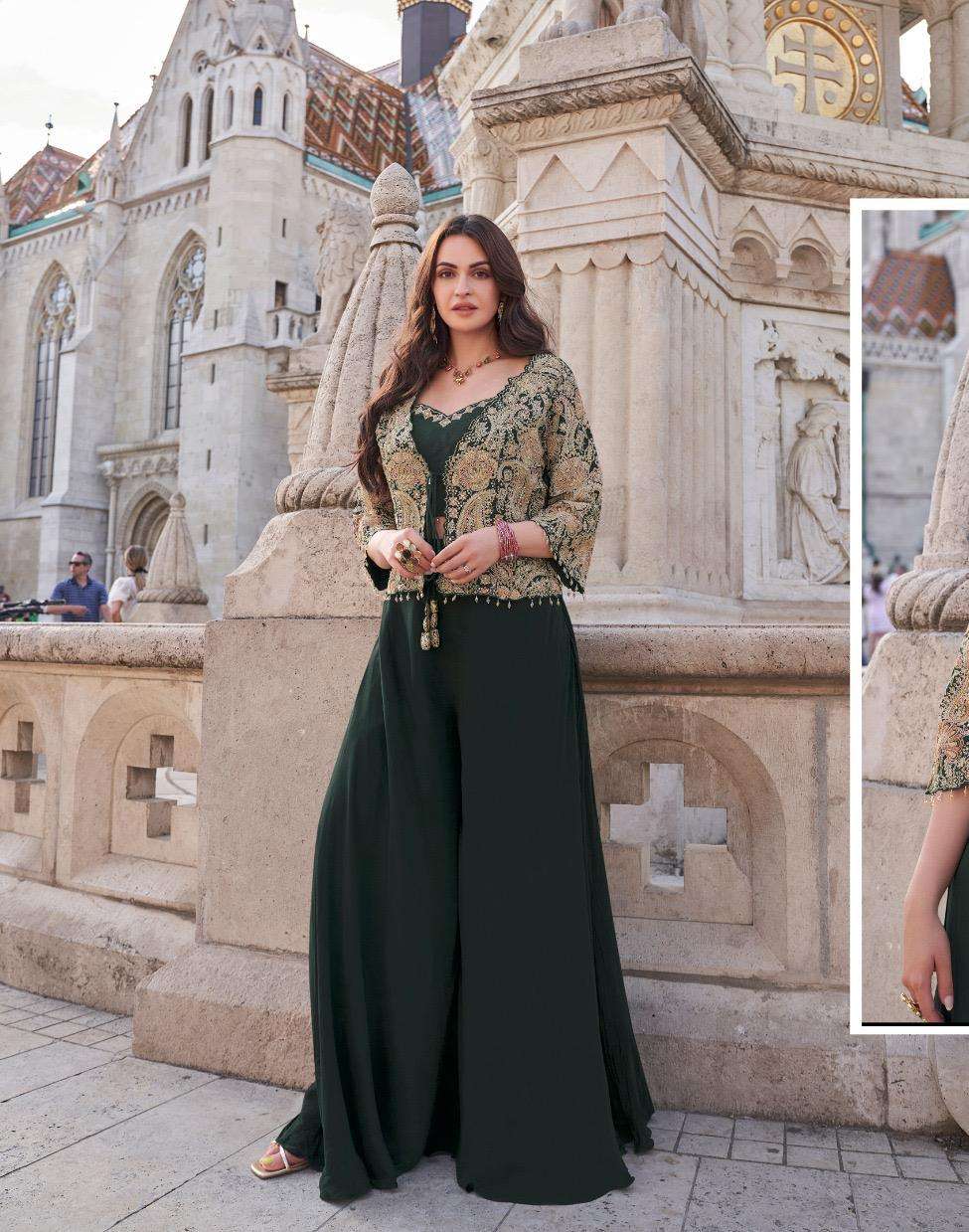 DESIGNER WEDDING PARTY WEAR GREEN SILK KOTI JACKET STYLE SALWAR SUIT SY JANNAT 5576