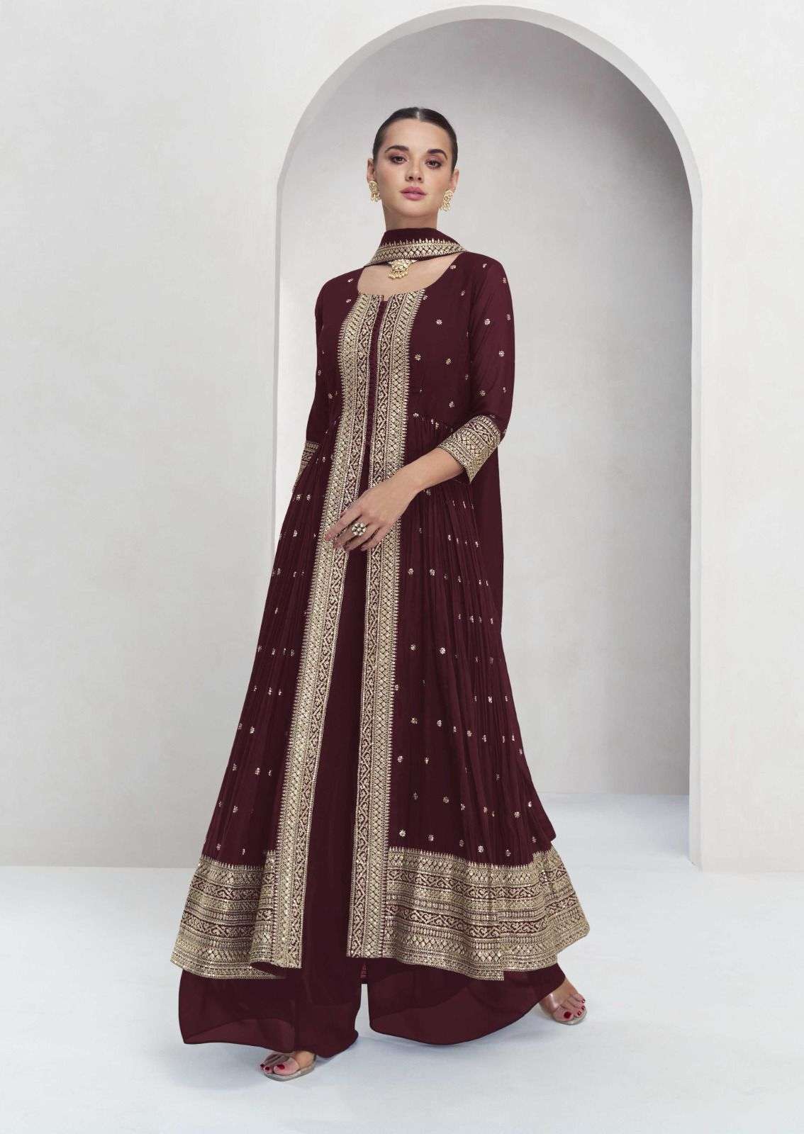 DESIGNER WEDDING PARTY WEAR MAROON GEORGETTE ANARKALI SALWAR SUIT AF MARIA 10025