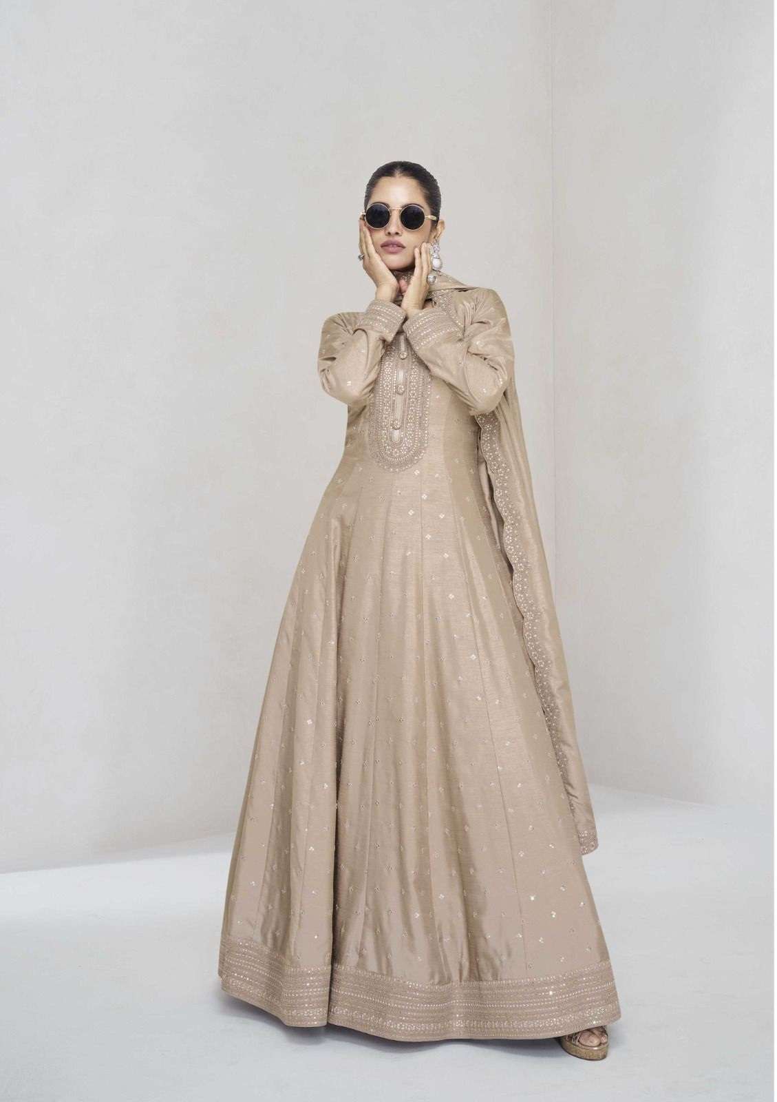 DESIGNER WEDDING PARTY WEAR PREMIUM SILK BEIGE ANARKALI SALWAR SUIT GOWN WITH DUPATTA AF EKAYA 10013