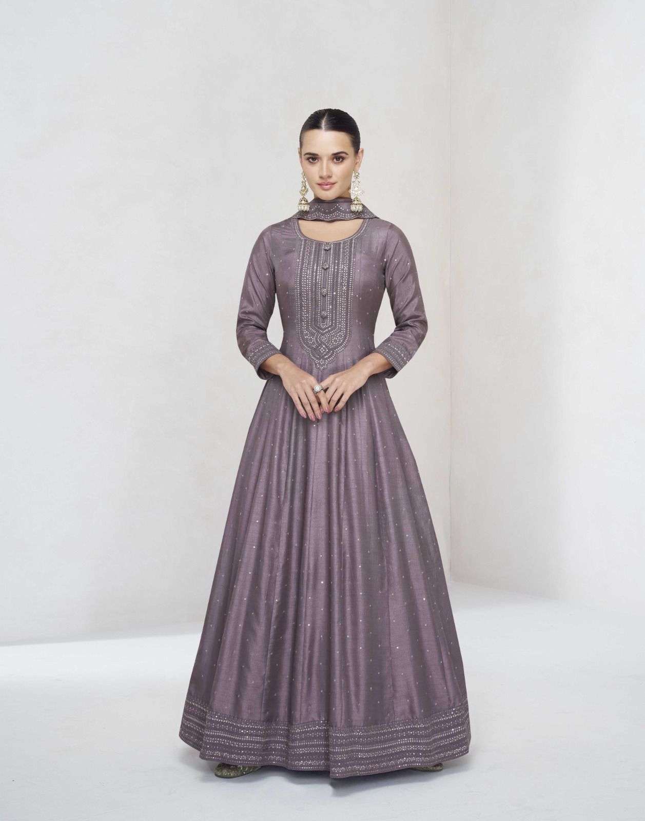 DESIGNER WEDDING PARTY WEAR PREMIUM SILK BROWN ANARKALI SALWAR SUIT GOWN WITH DUPATTA AF EKAYA 10012