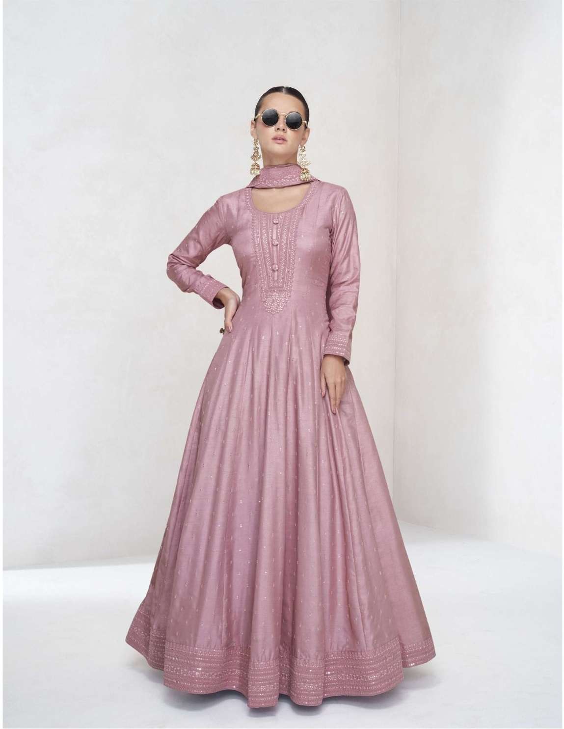 DESIGNER WEDDING PARTY WEAR PREMIUM SILK PINK ANARKALI SALWAR SUIT GOWN WITH DUPATTA AF EKAYA 10014