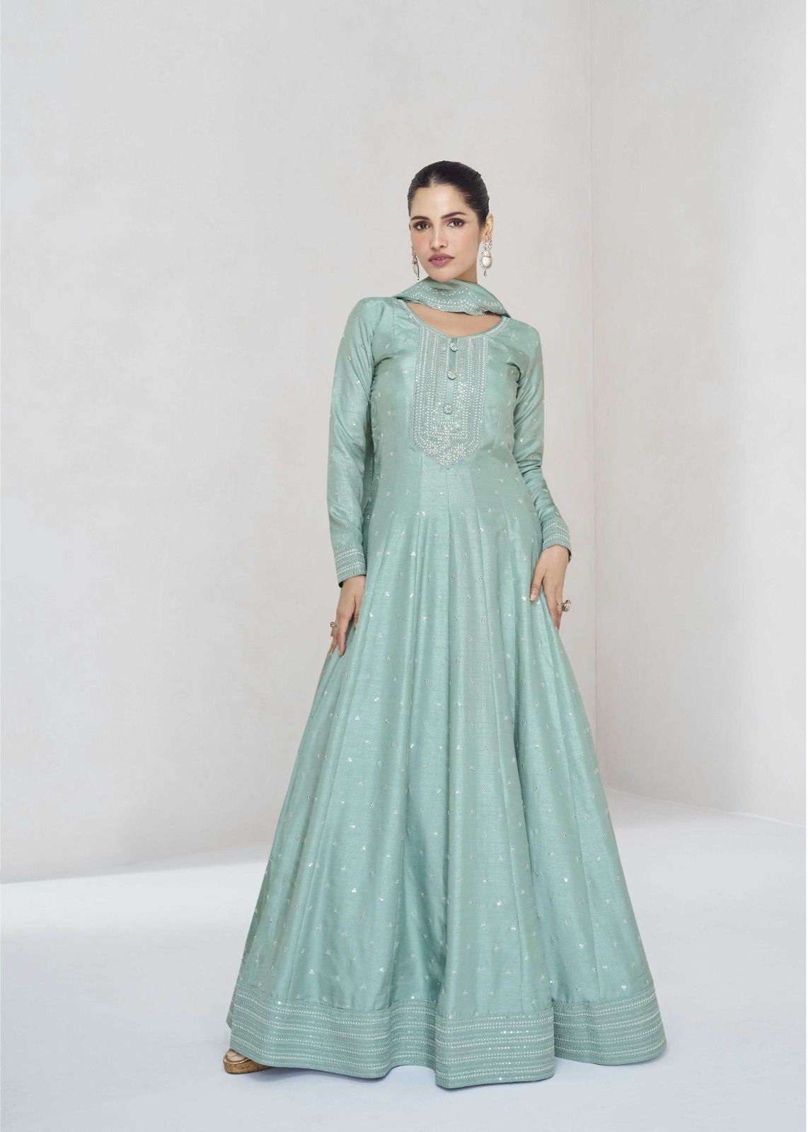 DESIGNER WEDDING PARTY WEAR PREMIUM SILK SKY BLUE ANARKALI SALWAR SUIT GOWN WITH DUPATTA AF EKAYA 10011