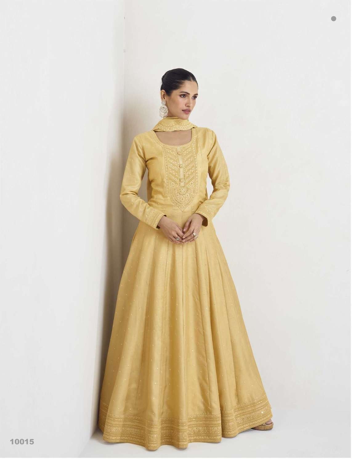 DESIGNER WEDDING PARTY WEAR PREMIUM SILK YELLOW ANARKALI SALWAR SUIT GOWN WITH DUPATTA AF EKAYA 10015