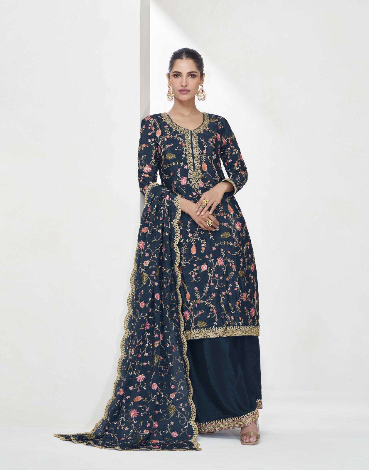 DESIGNER WEDDING PARTY WEAR REAL CHINON BLUE PALLAZO SHARARA SALWAR SUIT AF SHREYA 10016