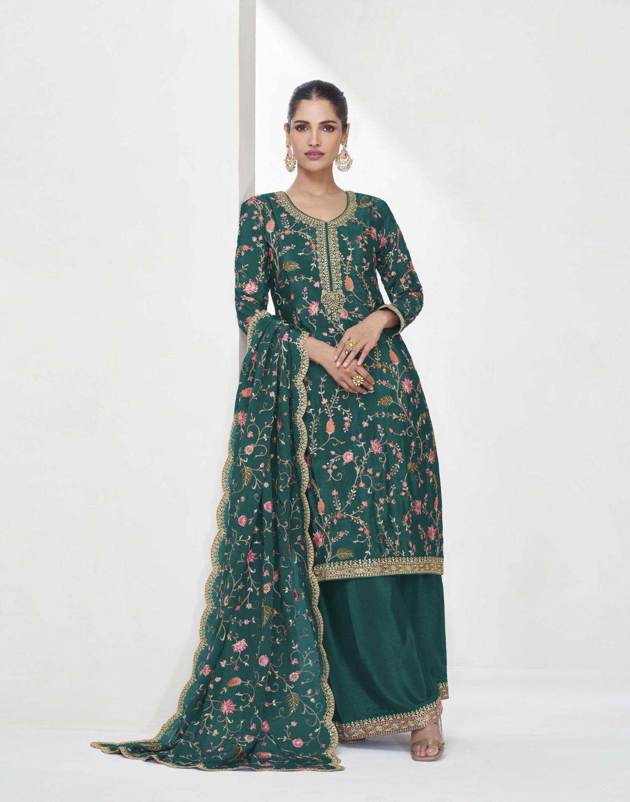 DESIGNER WEDDING PARTY WEAR REAL CHINON GREEN PALLAZO SHARARA SALWAR SUIT AF SHREYA 10018