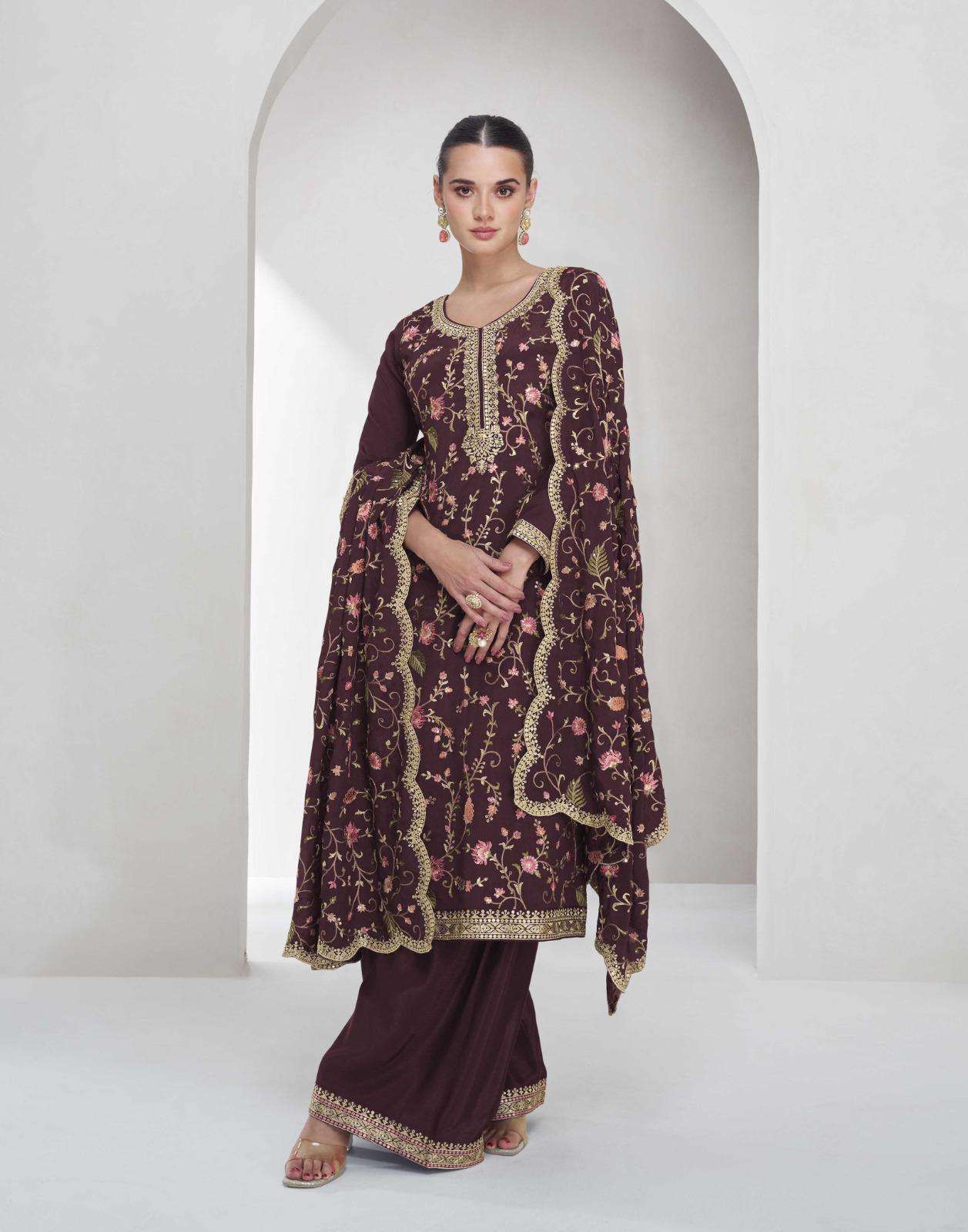 DESIGNER WEDDING PARTY WEAR REAL CHINON MAROON PALLAZO SHARARA SALWAR SUIT AF SHREYA 10019