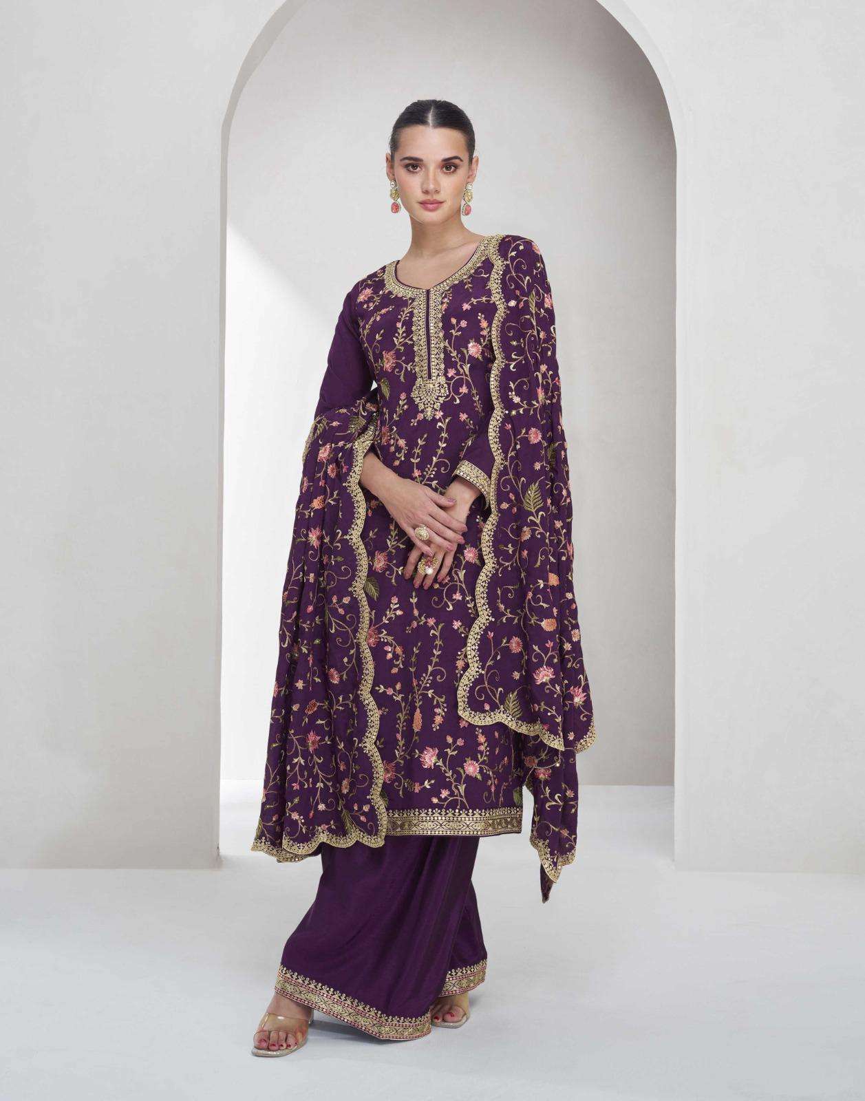 DESIGNER WEDDING PARTY WEAR REAL CHINON WINE PALLAZO SHARARA SALWAR SUIT AF SHREYA 10017