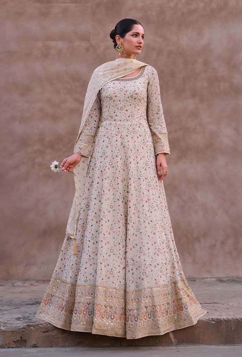 DESIGNER WEDDING PARTY WEAR REAL GEORGETTE WHITE ANARKALI SALWAR SUIT GOWN WITH DUPATTA RH ADVIRA 5418 A