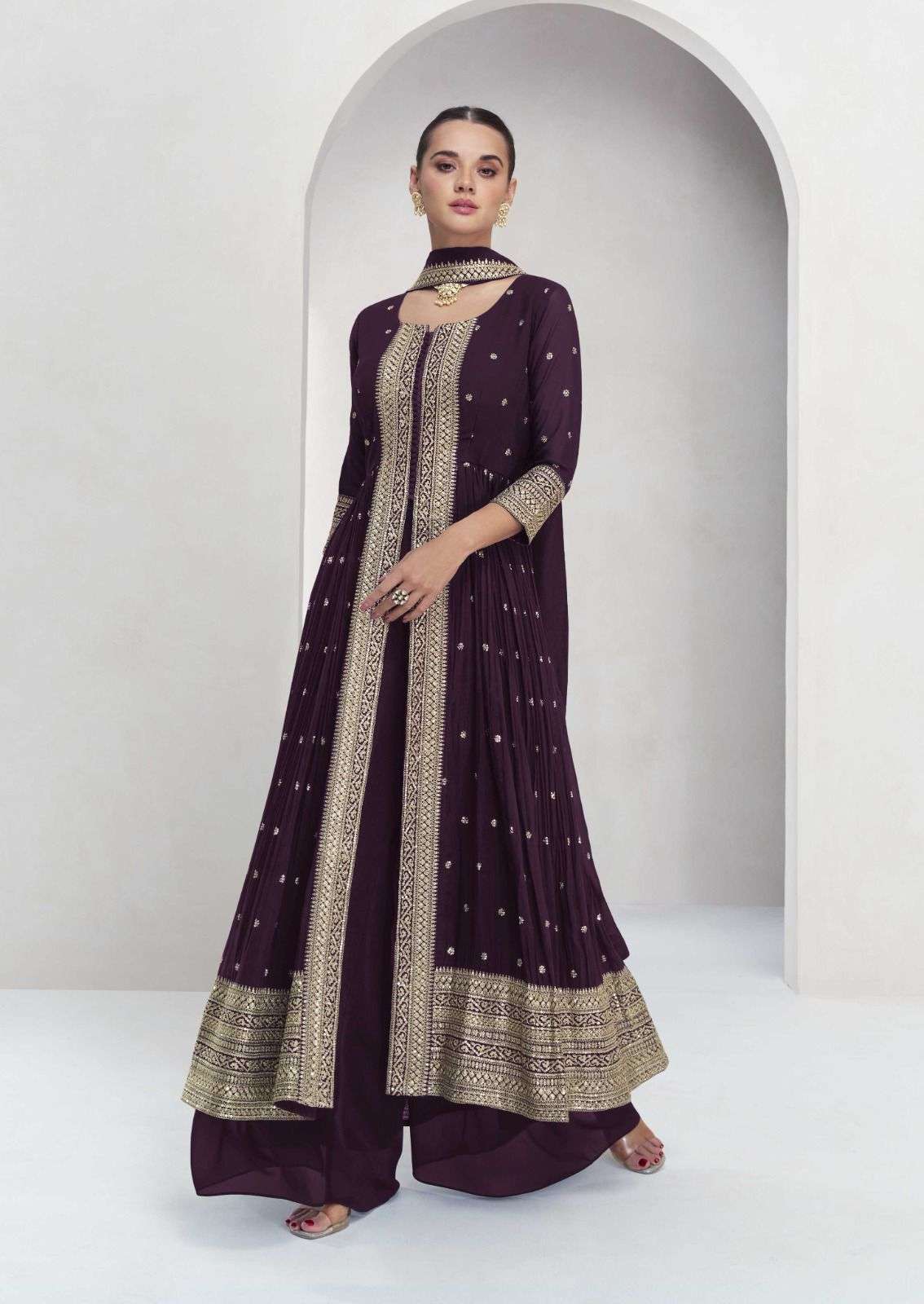 DESIGNER WEDDING PARTY WEAR WINE GEORGETTE ANARKALI SALWAR SUIT AF MARIA 10023