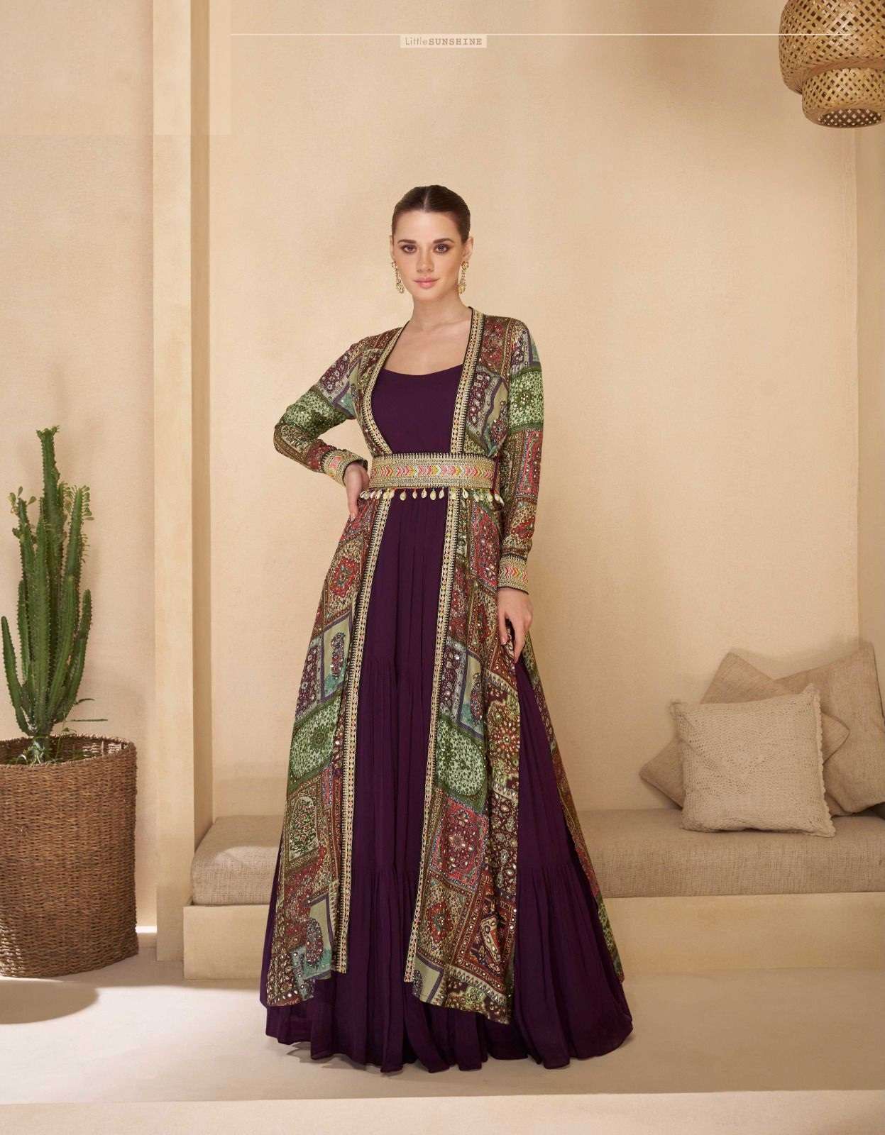 DESIGNER WEDDING PARTY WEAR WINE GEORGETTE KOTI JACKET STYLE SALWAR SUIT SY MEERA 5517