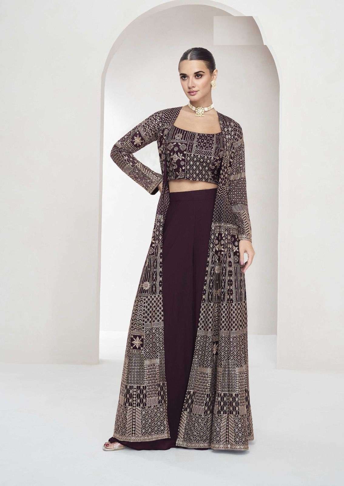 DESIGNER WEDDING PARTY WEAR WINE GEORGETTE KOTI JACKET STYLE SALWAR SUIT AF NITYA 10042