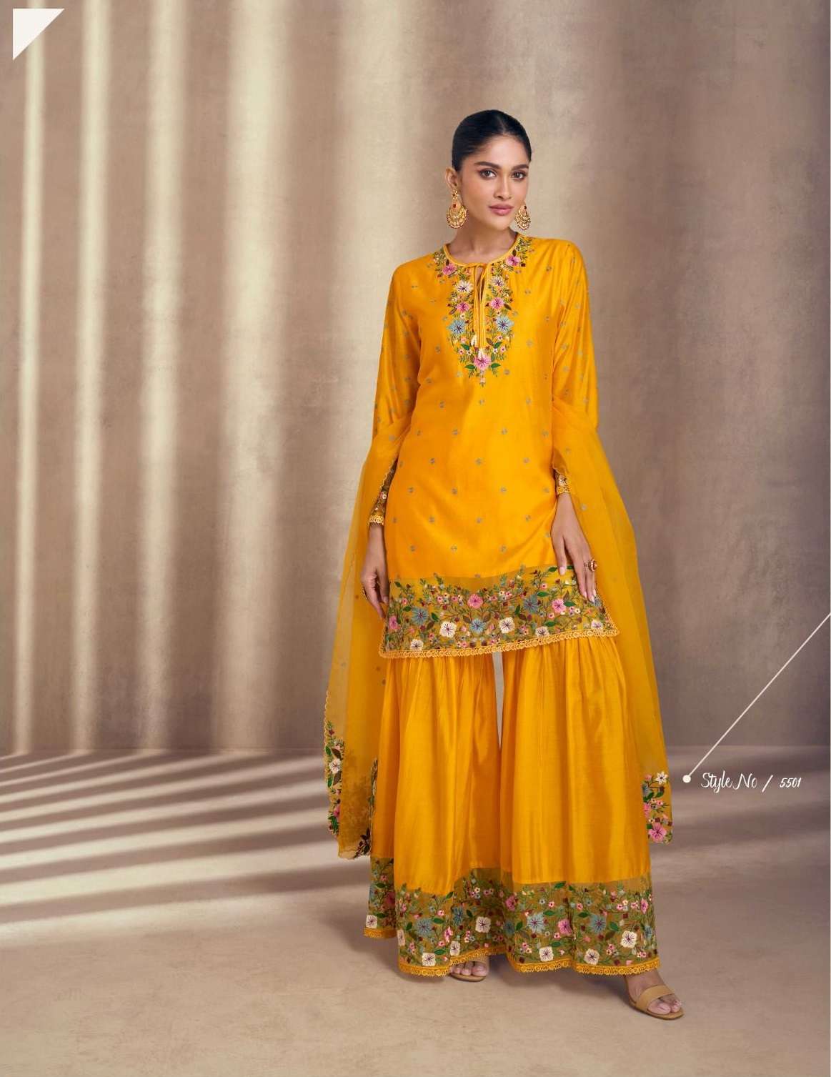 DESIGNER WEDDING PARTY WEAR YELLOW SILK SHARARA PLAZZO SALWAR SUIT NEW DESIGN SY MARIYAM 5501