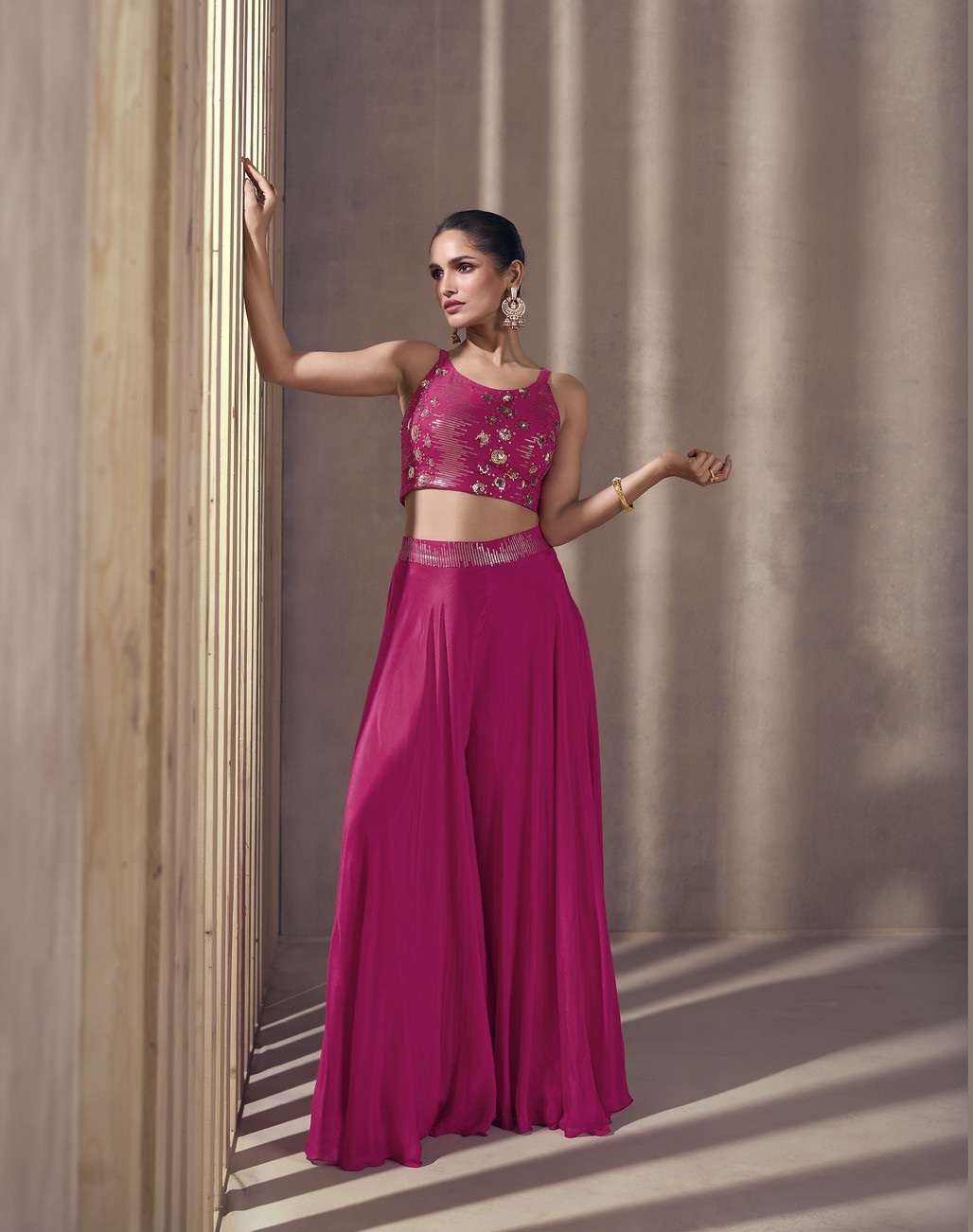 INDIAN BOLLYWOOD DESIGNER PARTY WEAR REAL CHINON PINK BLOUSE PALLAZZO STYLE SALWAR SUIT SY NISHA 5485